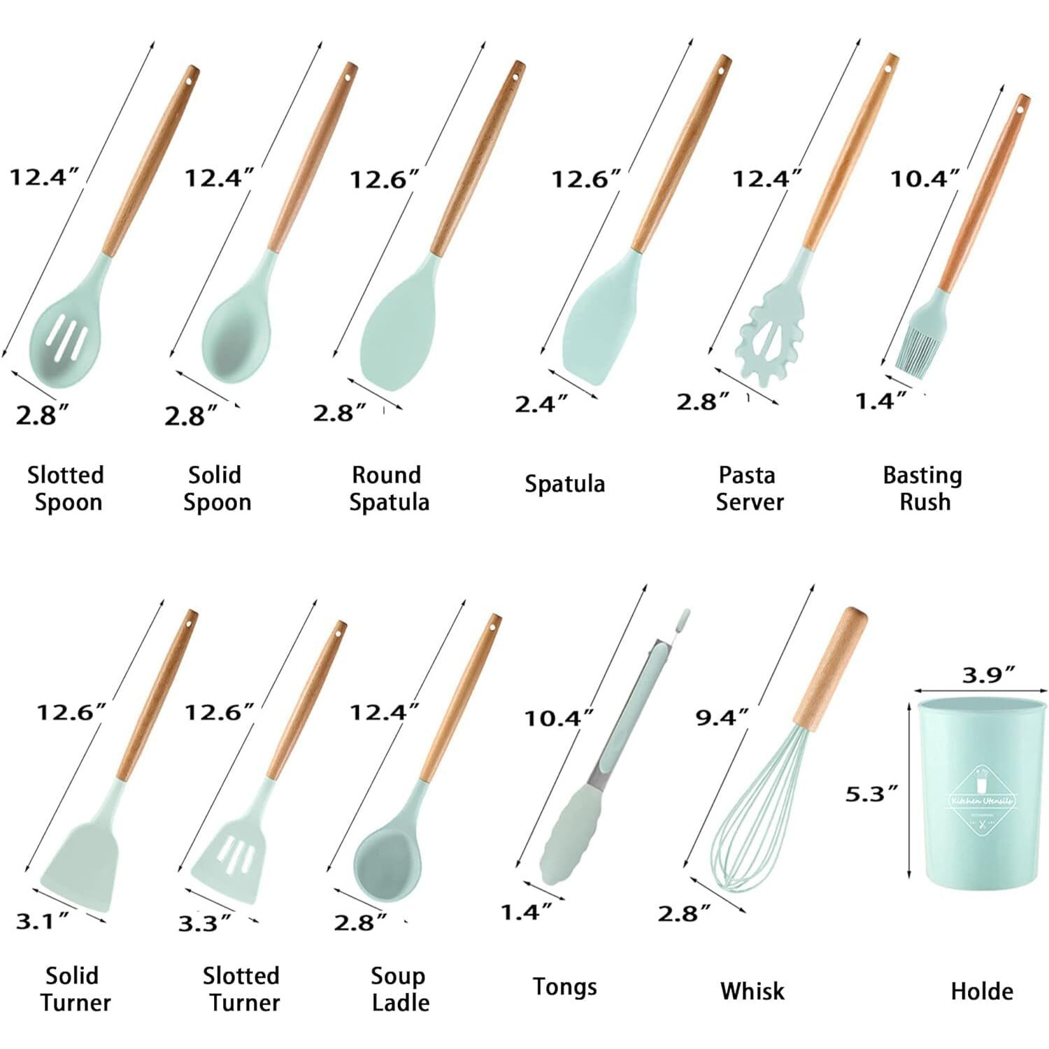 12 pcs Silicone Cooking Utensils Kitchen Utensil Set with Holder Heat Resistant Silicone Spatula Turner Set Wooden Spoons Kitchen Gadgets Tools Cooking Utensils for Nonstick Cookware (Light Green, 12)