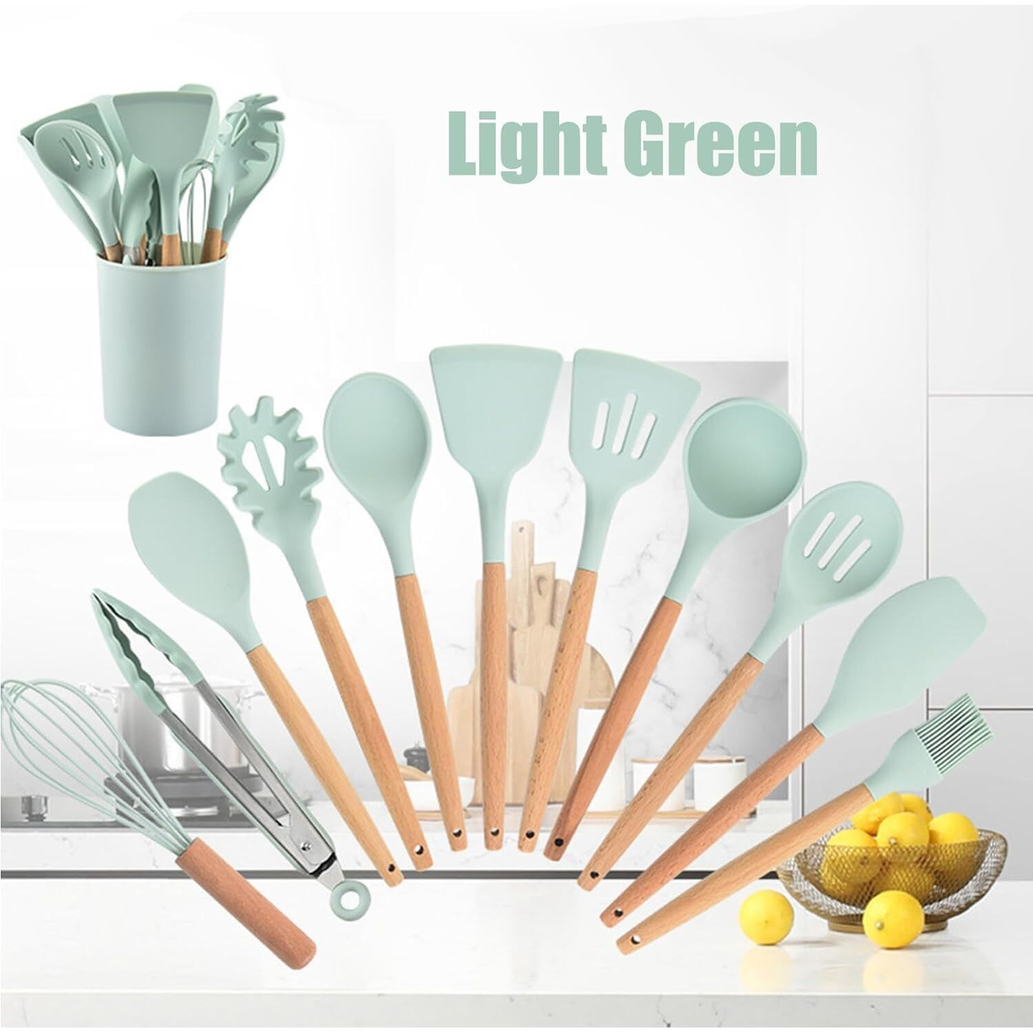 12 pcs Silicone Cooking Utensils Kitchen Utensil Set with Holder Heat Resistant Silicone Spatula Turner Set Wooden Spoons Kitchen Gadgets Tools Cooking Utensils for Nonstick Cookware (Light Green, 12)