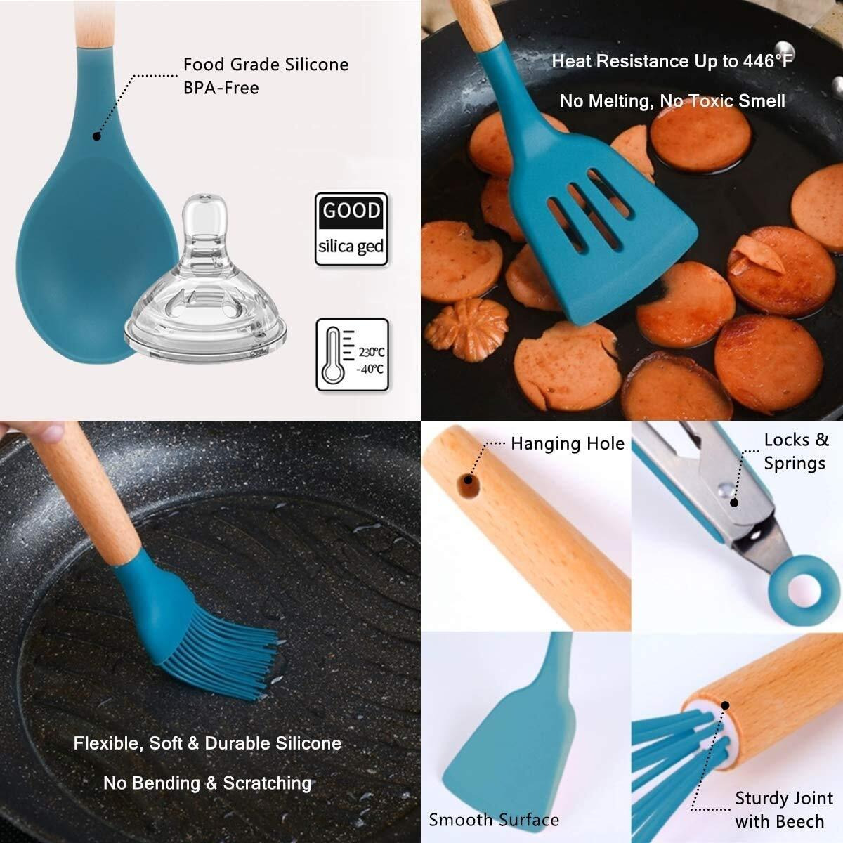 Fruitalite Silicone Kitchen Utensils Spoon Spatula Cooking Set- 13 Pcs Non-Stick with Wooden Handle- BPA Free, Heat Resistant item, Flexible Non Toxic Silicon Cookware tools with Holder- Dark Blue