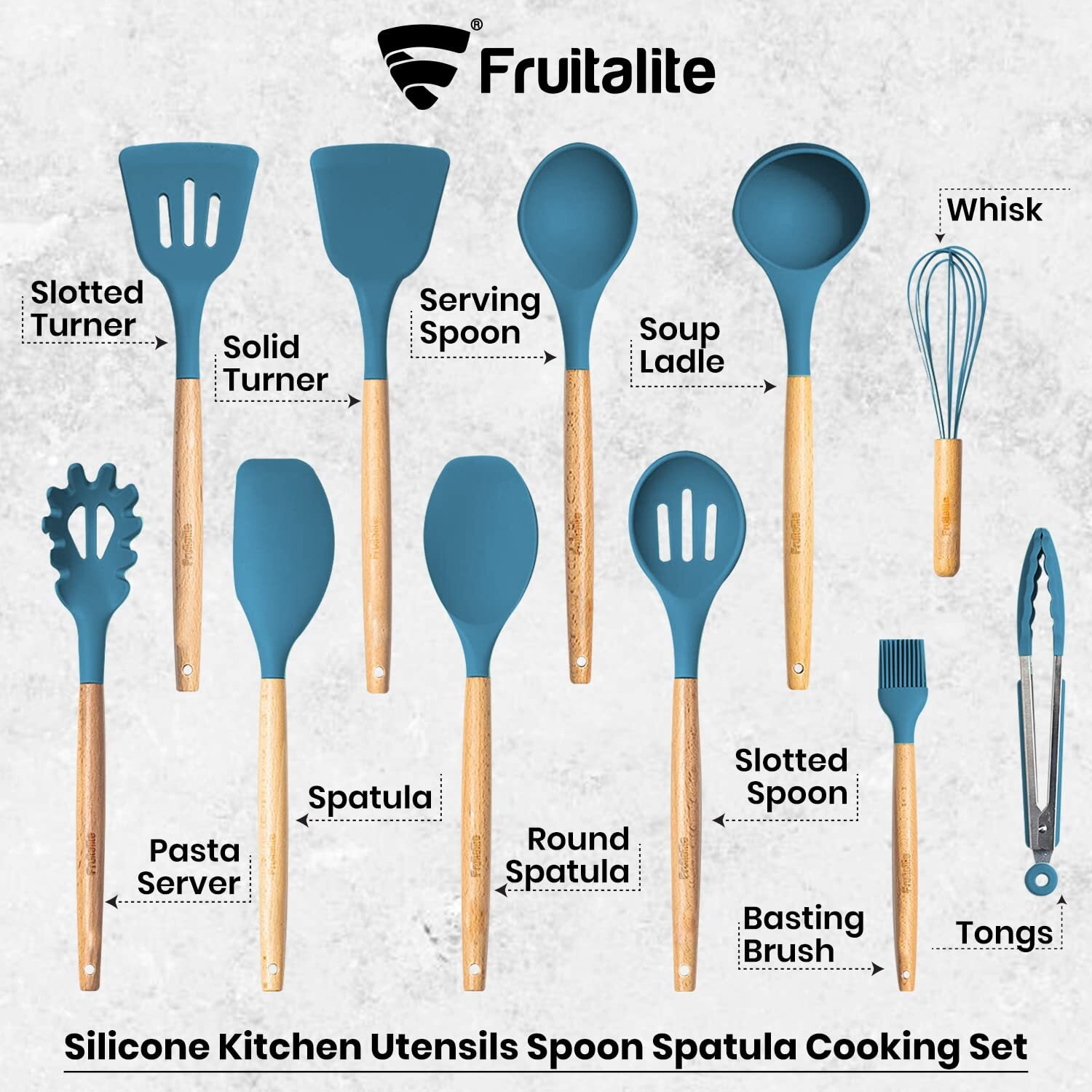 Fruitalite Silicone Kitchen Utensils Spoon Spatula Cooking Set- 13 Pcs Non-Stick with Wooden Handle- BPA Free, Heat Resistant item, Flexible Non Toxic Silicon Cookware tools with Holder- Dark Blue