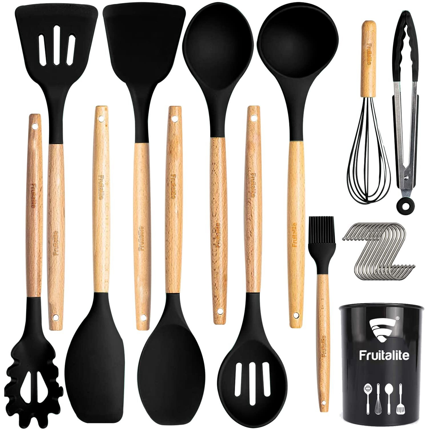 Fruitalite Silicone Kitchen Utensils Spoon Spatula Cooking Set- 13 Pcs Non-Stick with Wooden Handle- BPA Free, Heat Resistant item, Flexible Non Toxic Silicon Cookware tools with Holder- Black