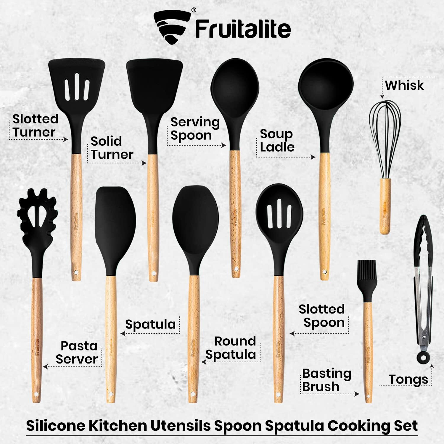 Fruitalite Silicone Kitchen Utensils Spoon Spatula Cooking Set- 13 Pcs Non-Stick with Wooden Handle- BPA Free, Heat Resistant item, Flexible Non Toxic Silicon Cookware tools with Holder- Black