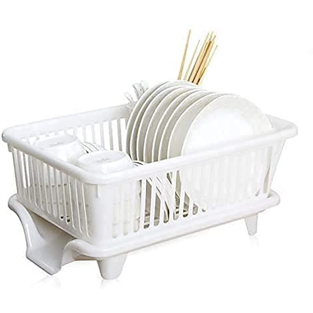 3 in 1 Durable Plastic White Colour Kitchen Sink Dish Rack Drainer Drying Rack Washing Basket with Tray for Kitchen, Dish Rack Organizers, Utensils and Cutlery Holder, White