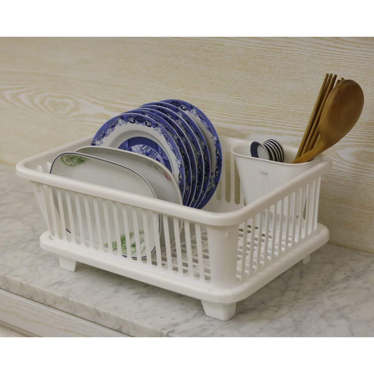 3 in 1 Durable Plastic White Colour Kitchen Sink Dish Rack Drainer Drying Rack Washing Basket with Tray for Kitchen, Dish Rack Organizers, Utensils and Cutlery Holder, White