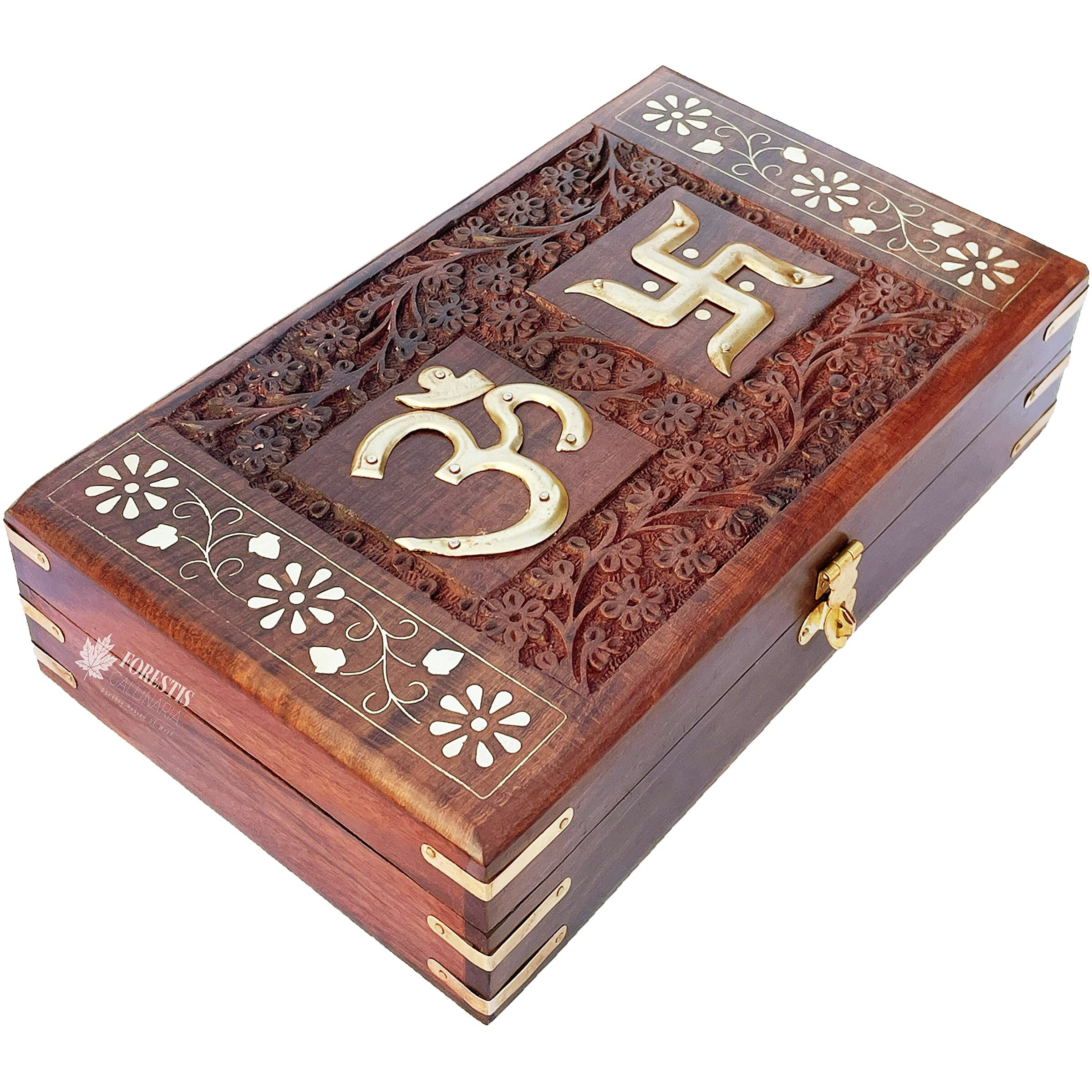 FORESTIS GALLINARIA Exquisitely Hand Brass-Filled Wooden OM Box for Good Luck| Jewellery Box| Handmade Decorative Case| Kit (12x8 Inches, Shubh Labh)