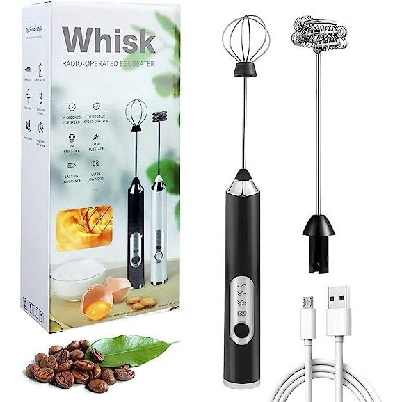 Zuvexa Rechargeable Handheld Milk Frother - 3-Speed Electric Foam Maker for Coffee with 2 Whisks and Coffee Decoration Tool, Coffee Frother Mixer, Stand-up Design, for Cream, Latte, Cappuccino