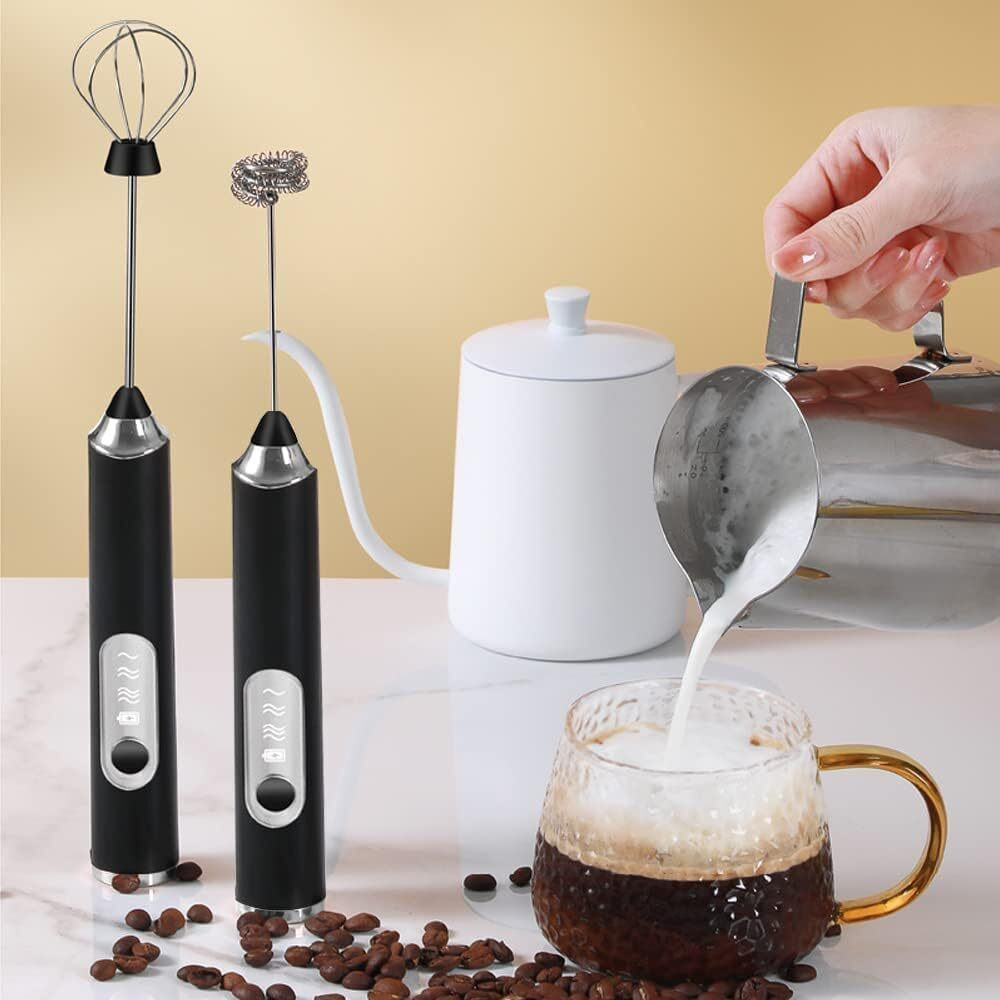 Zuvexa Rechargeable Handheld Milk Frother - 3-Speed Electric Foam Maker for Coffee with 2 Whisks and Coffee Decoration Tool, Coffee Frother Mixer, Stand-up Design, for Cream, Latte, Cappuccino