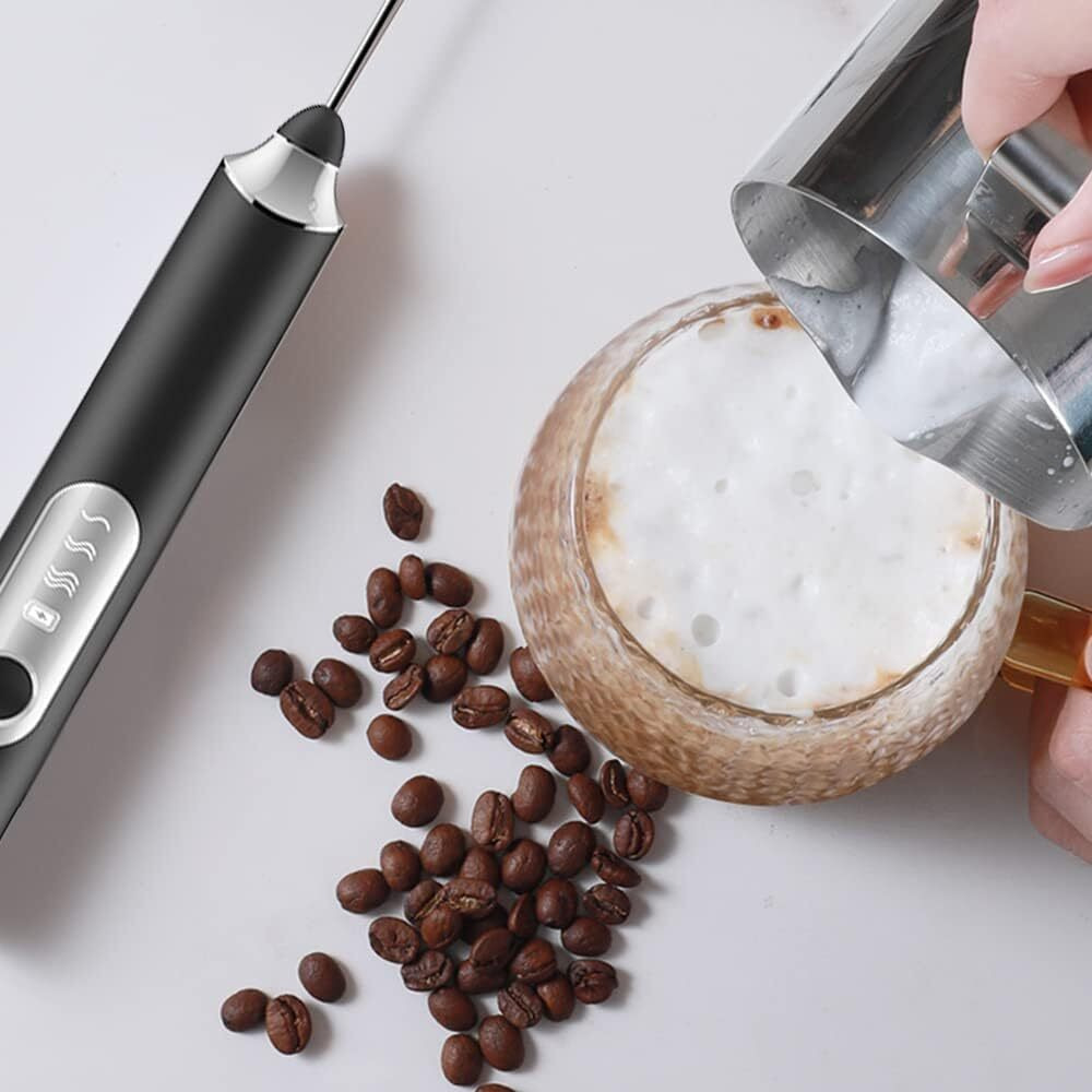 Zuvexa Rechargeable Handheld Milk Frother - 3-Speed Electric Foam Maker for Coffee with 2 Whisks and Coffee Decoration Tool, Coffee Frother Mixer, Stand-up Design, for Cream, Latte, Cappuccino