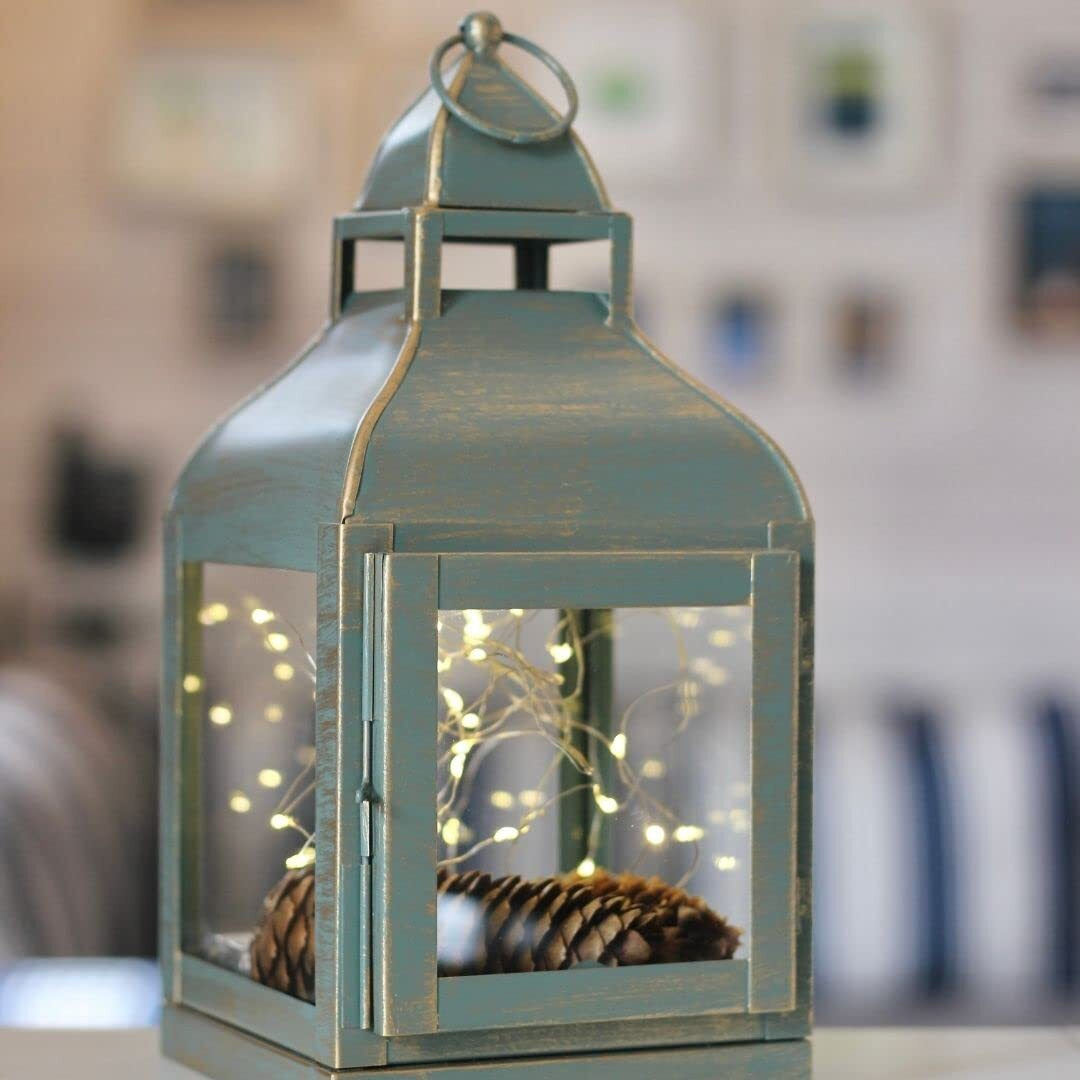 Behoma Vintage Style Candle Lantern Metal and Glass for Home Decoration, Lantern for Table-top and Wall-Hanging | Indoor and Outdoor | Rustic Dusk Green Color Small (Candle/Lights NOT Included)