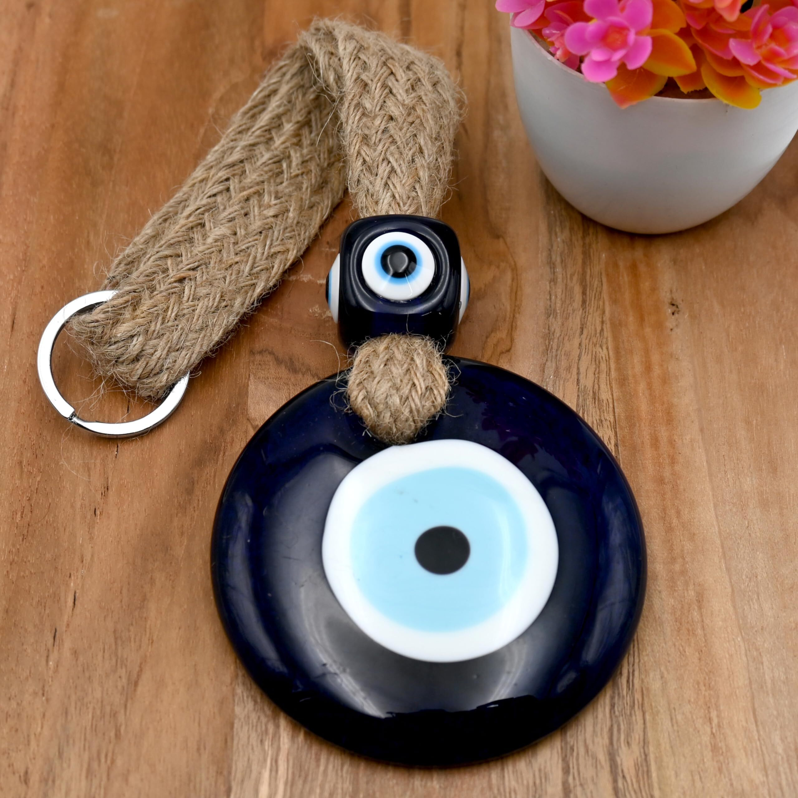 LINENSUTRA Handmade X-Large Turkish Evil Eye Blue Glass with Square Bead Hanging for Good Luck Prosperity Decoration for Home Office Garden|8cm in Diameter. (1BSQ8-2209)