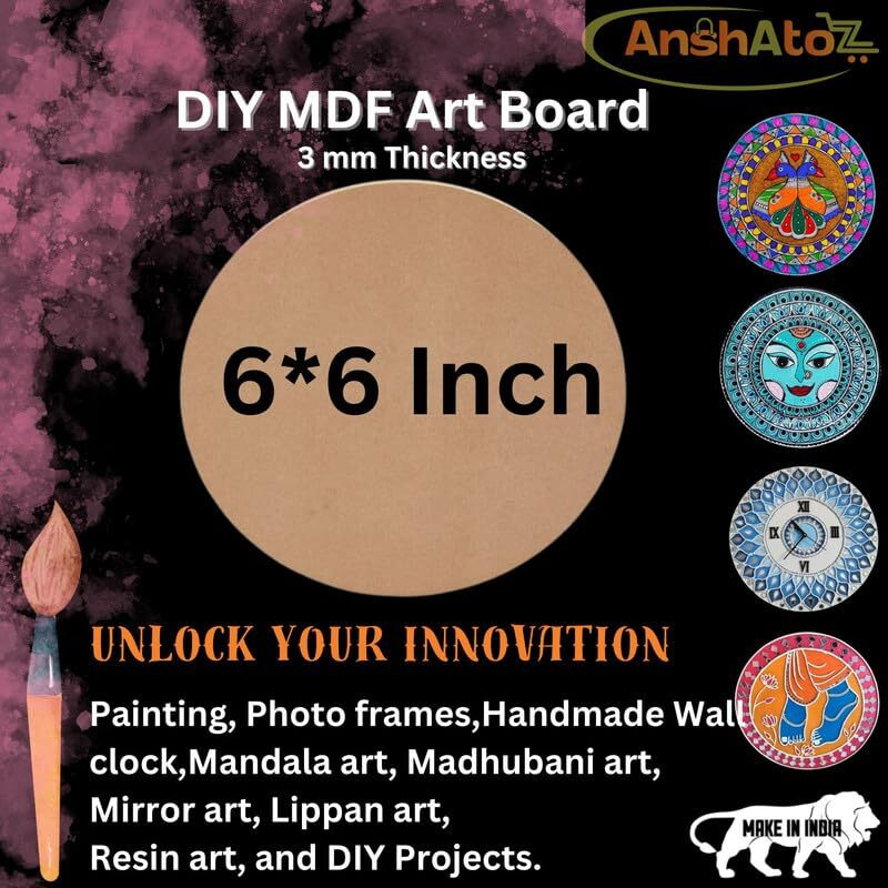 Anshatoz Round Wooden Canvas 12 inch MDF Art Board Sheet 3mm Used for Art, Craft, Painting, Mandala,Resin,Lippan Art, Decoration,Cake Base,Children Creativity DIY Set (Pack of 15)