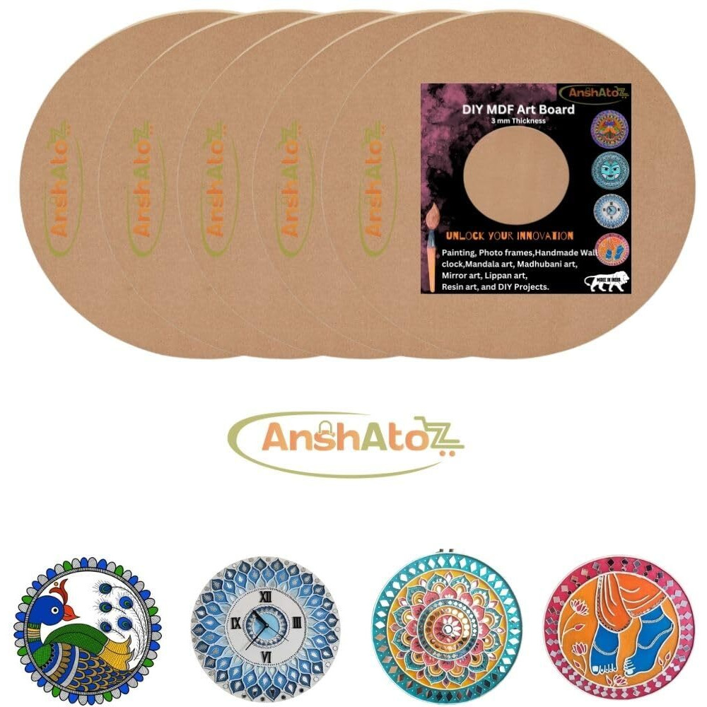 Anshatoz Round Wooden Canvas 10 inch MDF Art Board Sheet 3mm Used for Art, Craft, Painting, Mandala,Resin,Lippan Art, Decoration,Cake Base,Children Creativity DIY Set (Pack of 15)