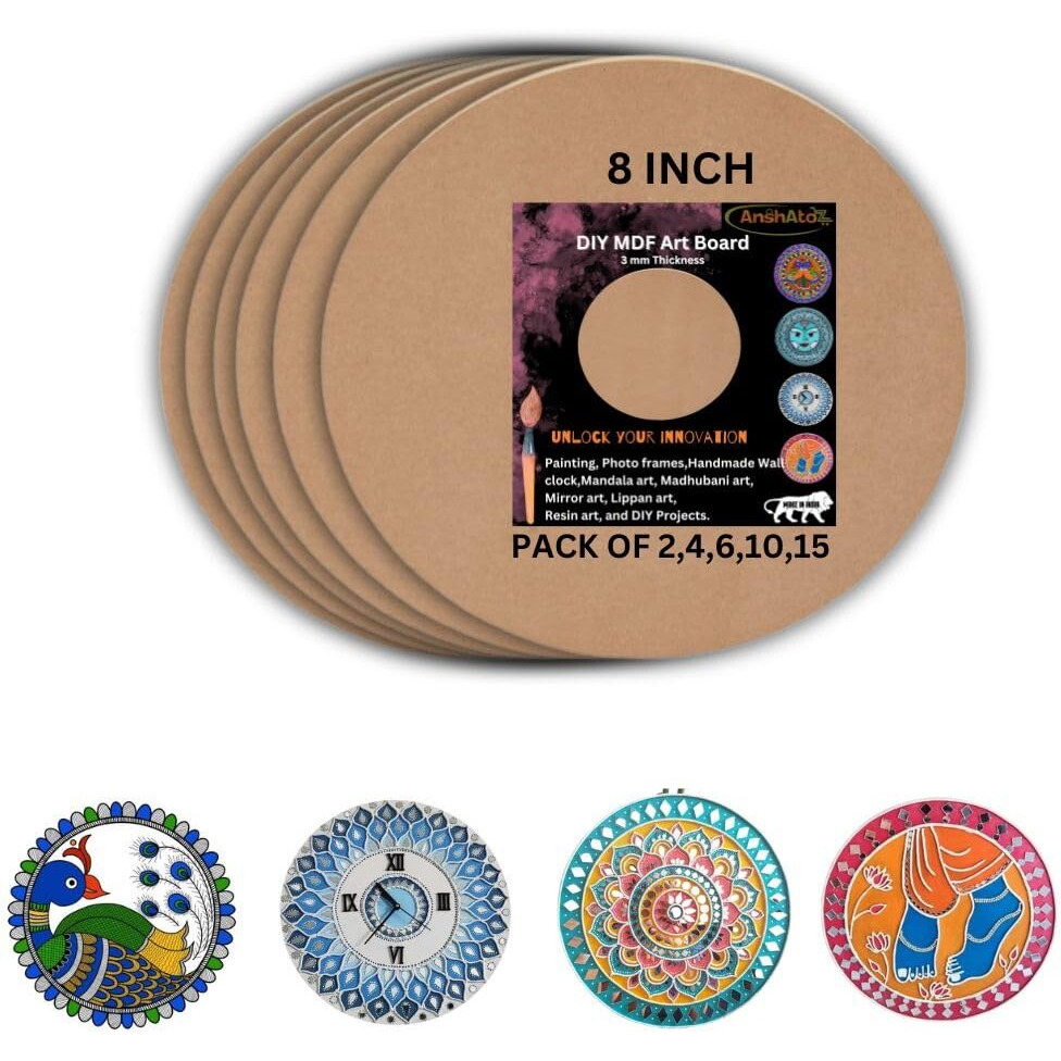 Anshatoz Round Wooden Canvas 8 inch MDF Art Board Sheet 3mm Used for Art, Craft, Painting, Mandala,Resin,Lippan Art, Decoration,Cake Base,Children Creativity DIY Set (Pack of 15)