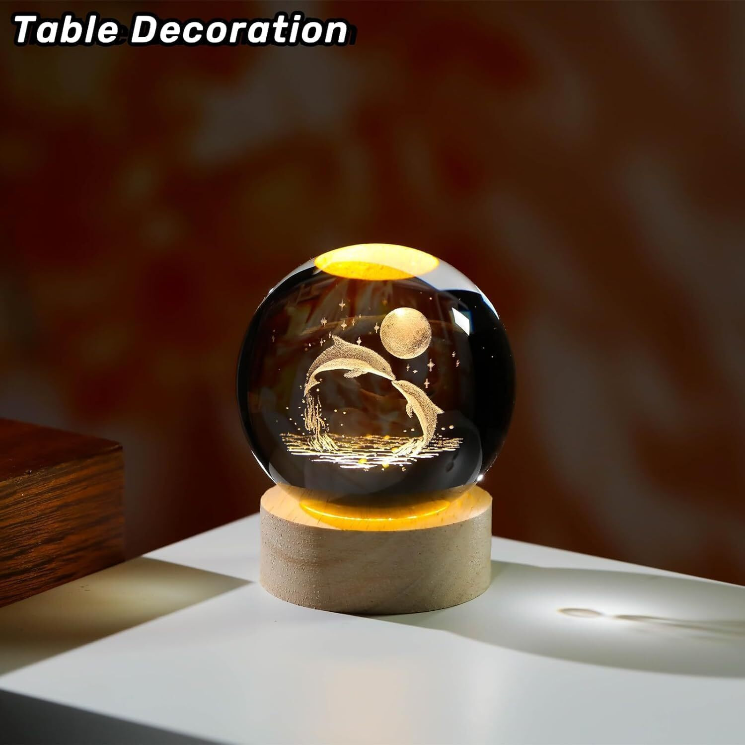 CPENSUS 3D Galaxy Crystal Ball Night Lamp,Solar System, USB Table Colorful LED Wooden Crystal Ball for Home Decoration Birthday Gift for Teens Boys and Girls (Dolphin with Moon)