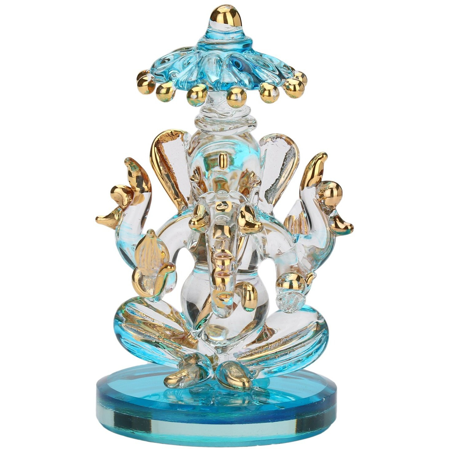 Somil Blessing God Ganesh Sitting with Chartra Two Side View Statue (Murti) Idol Shopiece Handmade of Crystal Glass for Worship, Decoration, Car Dashboard, Gift