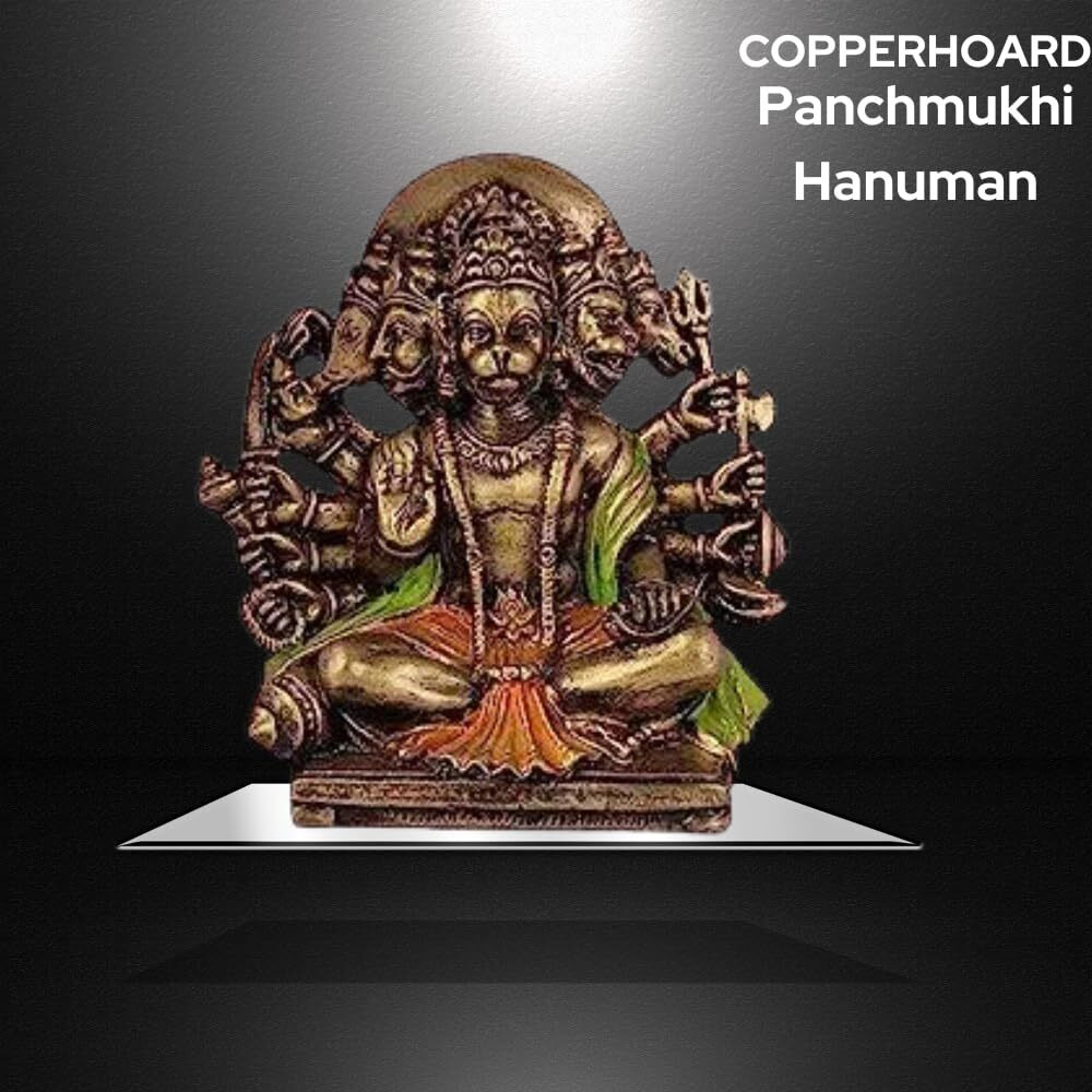 Copperhoard Multi Gold Colour Resin Panchmukhi Hanuman Murti Vintage Statue for Home Temple, 5.4 Cm