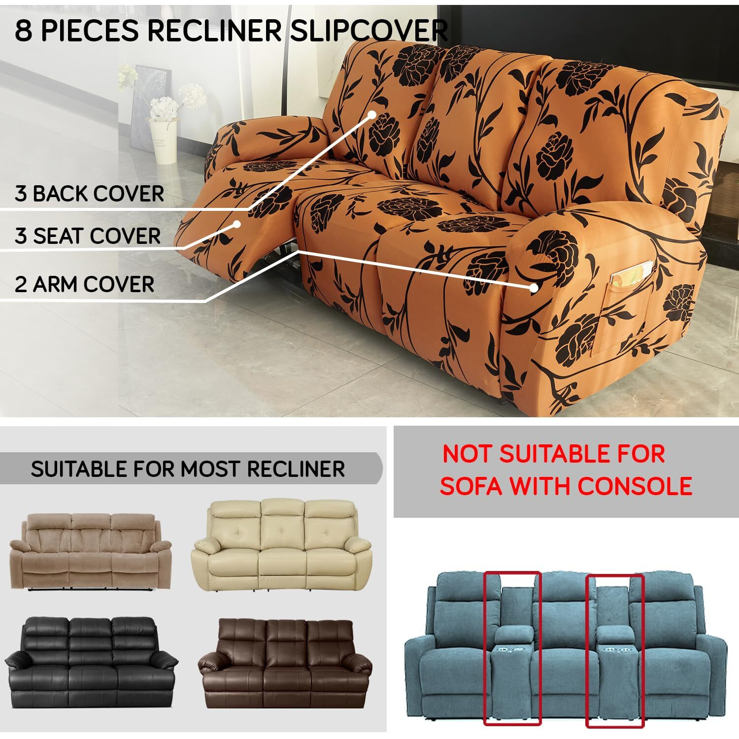 HOKIPO 140gsm Stretchable Recliner Sofa Cover 3 Seater, Copper Brown Floral (AR-4942-C8)