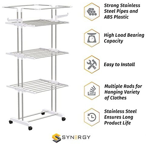 Synergy - Premium Heavy Duty Stainless Steel Foldable Cloth Drying Stand/Clothes Stand for Drying/Cloth Stand/Clothes Dryer- White (4 Tier), SY-CS21-L4