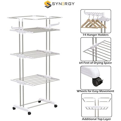 Synergy - Premium Heavy Duty Stainless Steel Foldable Cloth Drying Stand/Clothes Stand for Drying/Cloth Stand/Clothes Dryer- White (4 Tier), SY-CS21-L4