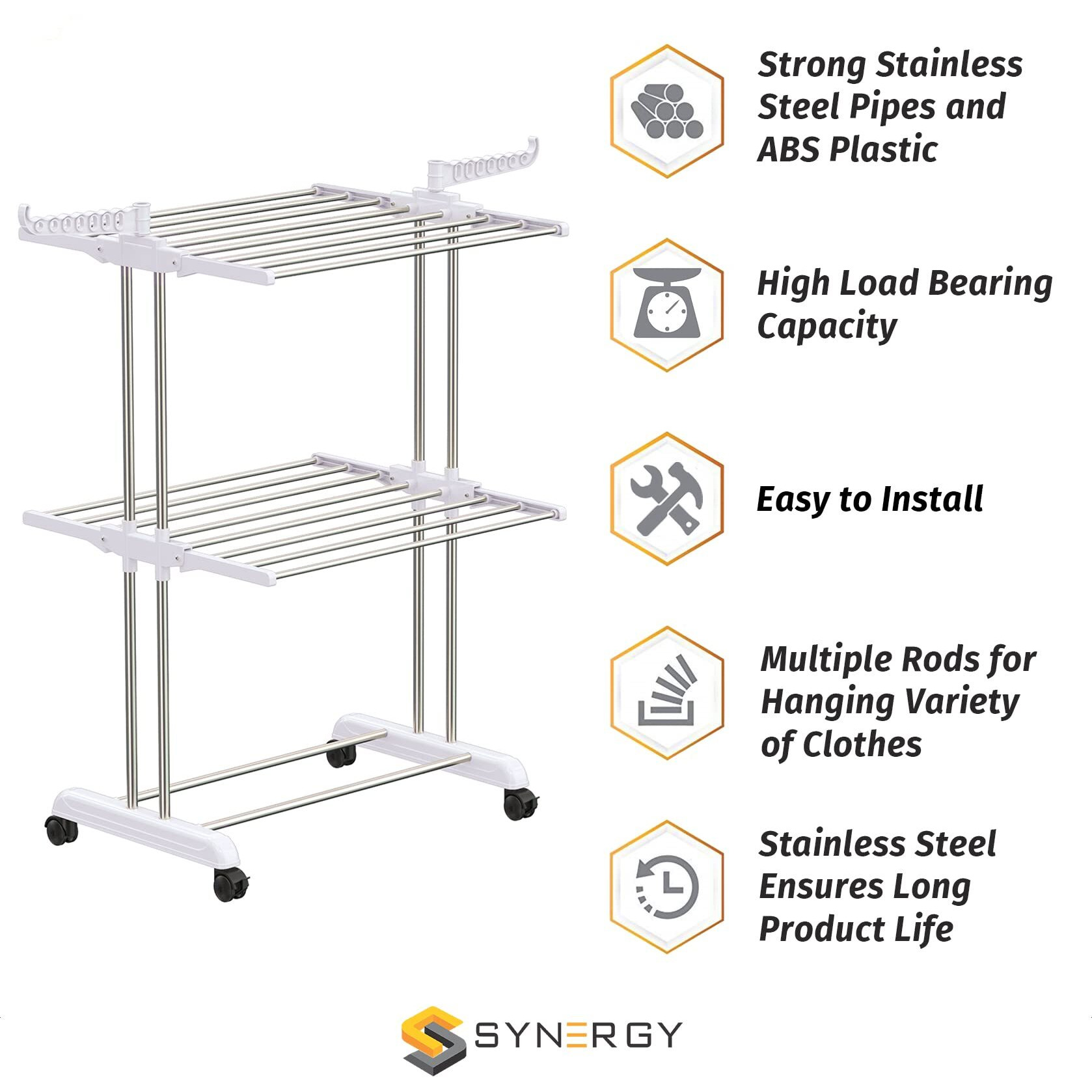 Synergy - Premium Heavy Duty Stainless Steel Foldable Cloth Drying Stand/Clothes Stand for Drying/Cloth Stand/Clothes Dryer/Laundry Racks (2 Tier) White - SY-CS21-L2