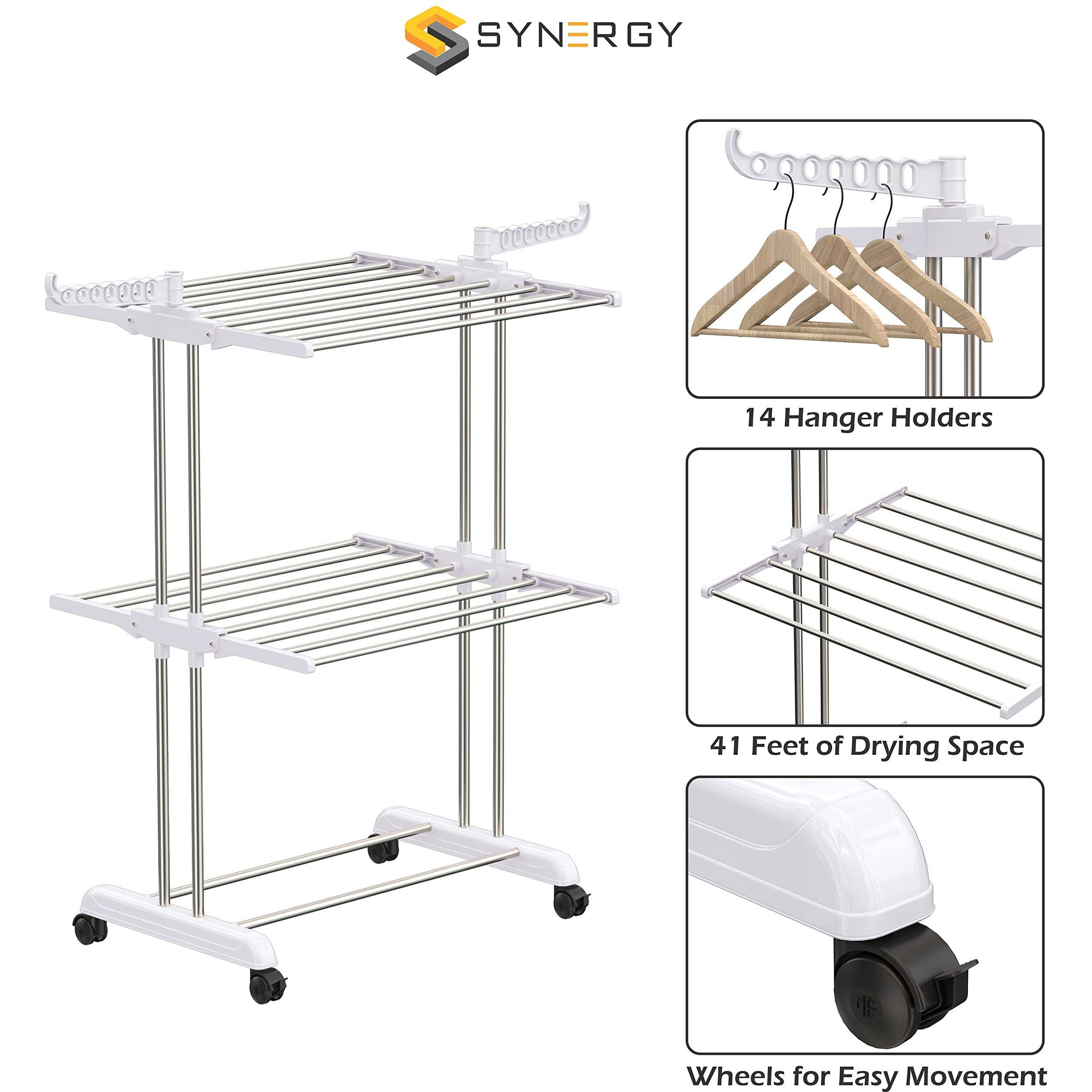 Synergy - Premium Heavy Duty Stainless Steel Foldable Cloth Drying Stand/Clothes Stand for Drying/Cloth Stand/Clothes Dryer/Laundry Racks (2 Tier) White - SY-CS21-L2