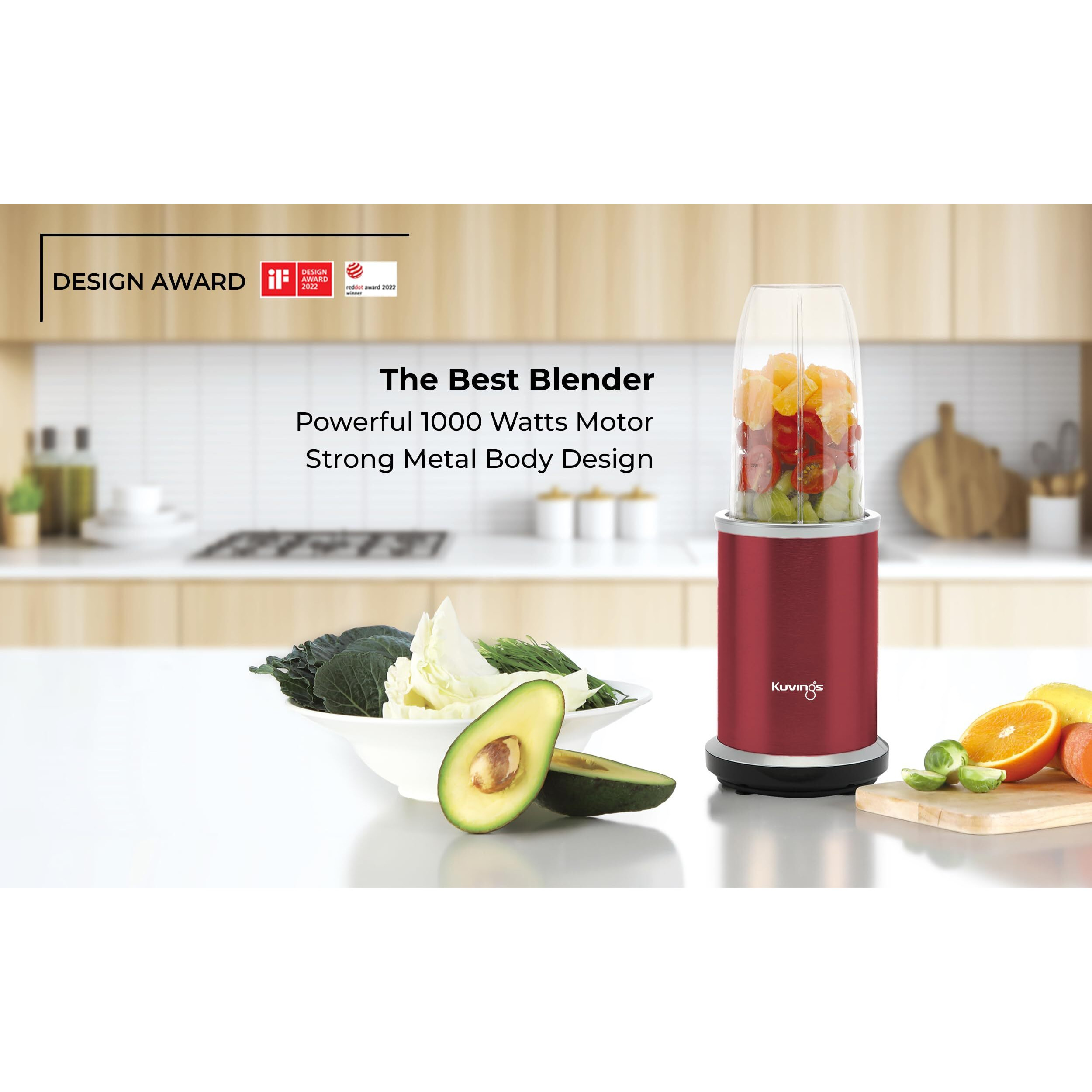 Kuvings Nutri Blender PRO Ferrari Red, Powerful 1000 Watts Motor, Longest Warranty 7 Years, Mixer/Grinder/Smoothie Maker, Blender for Smoothies and Juices, Stainless Steel Body, 2 Blade Set Wet & Dry