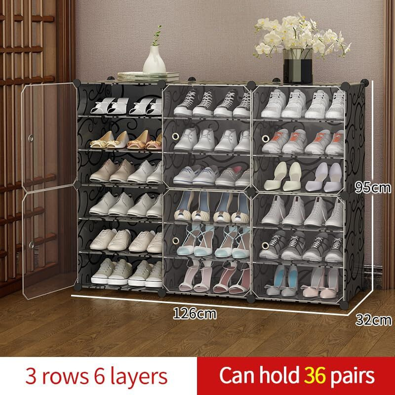 Zemic Plastic Shoe Rack for Home With Door,Adjustable Plastic Shoe Rack for Bedroom/Outdoor Waterproof,Multi-Purpose Shoe Organizer,High-density PP Frame for Stability (18-SHELF-6-DOOR, BLACK)