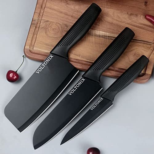 voltonix Stainless Steel 3 Pieces Professional Kitchen Knife Set/Meat Knife/Chef Knife With Non-Slip Handle Sharp Manual Sharpening For Home Kitchen/High Carbon Stainless Steel Knife Black Set(Black)