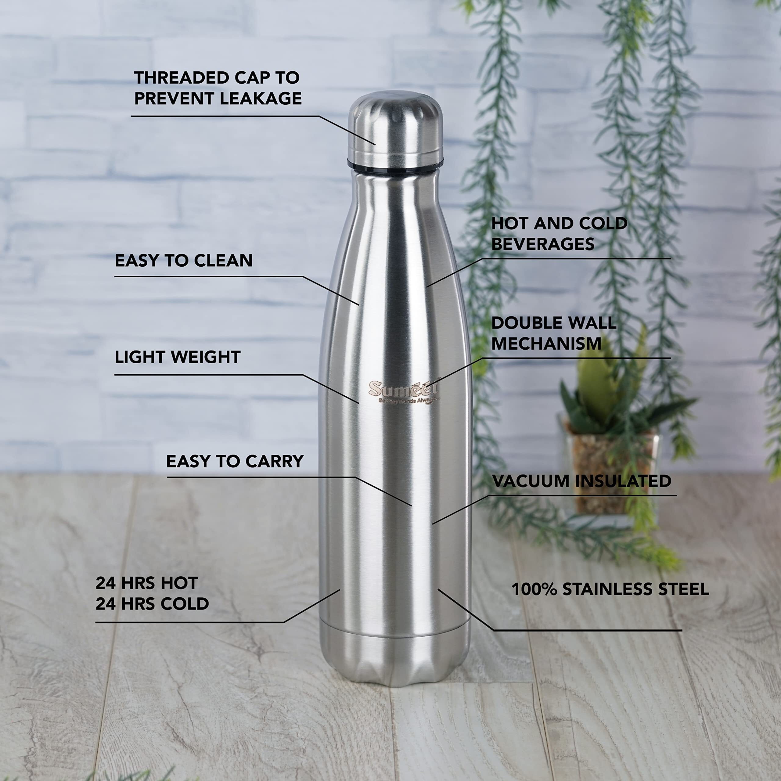 Sumeet Stainless Steel Double Walled Vacuum Flask/Water Bottle, 24 Hours Hot and Cold, 500 ml, Silver - Set of 2 Pcs