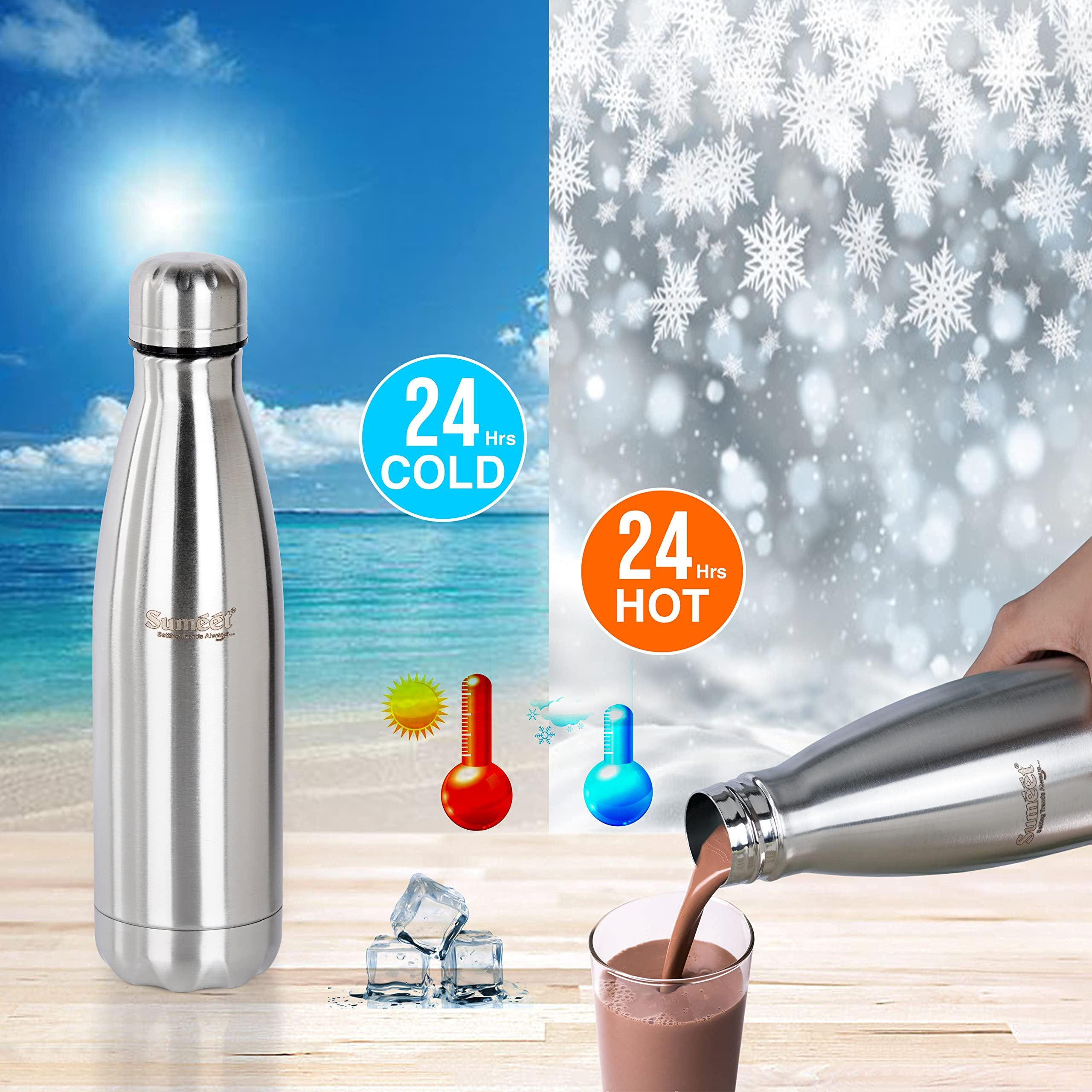 Sumeet Stainless Steel Double Walled Vacuum Flask/Water Bottle, 24 Hours Hot and Cold, 500 ml, Silver - Set of 2 Pcs