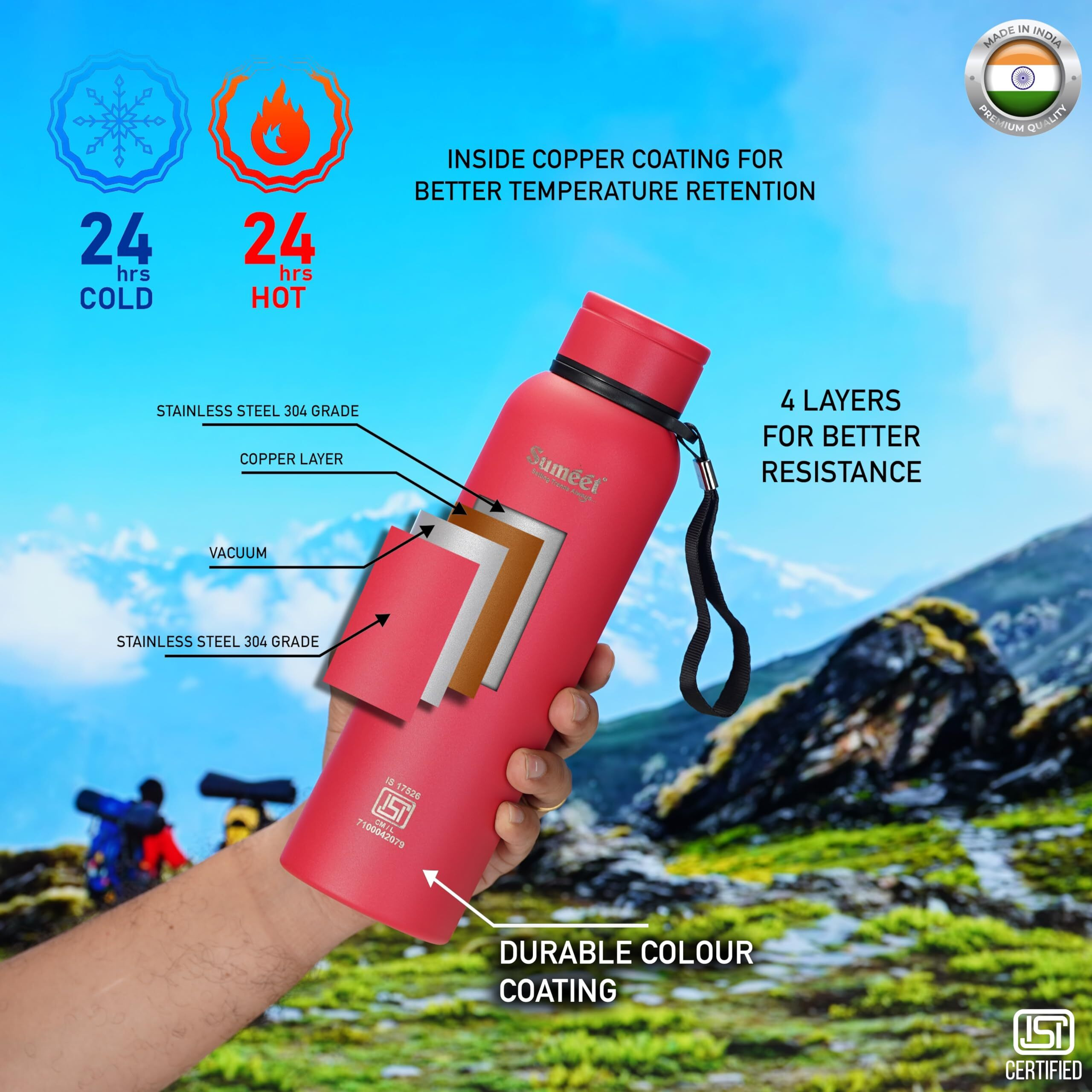 Sumeet Nero 24 Hrs Hot & Cold ISI Certified Stainless Steel Leak Proof Water Bottle for Office/School/College/Gym/Picnic/Home/Trekking -900ml, Pack of 1, Pink