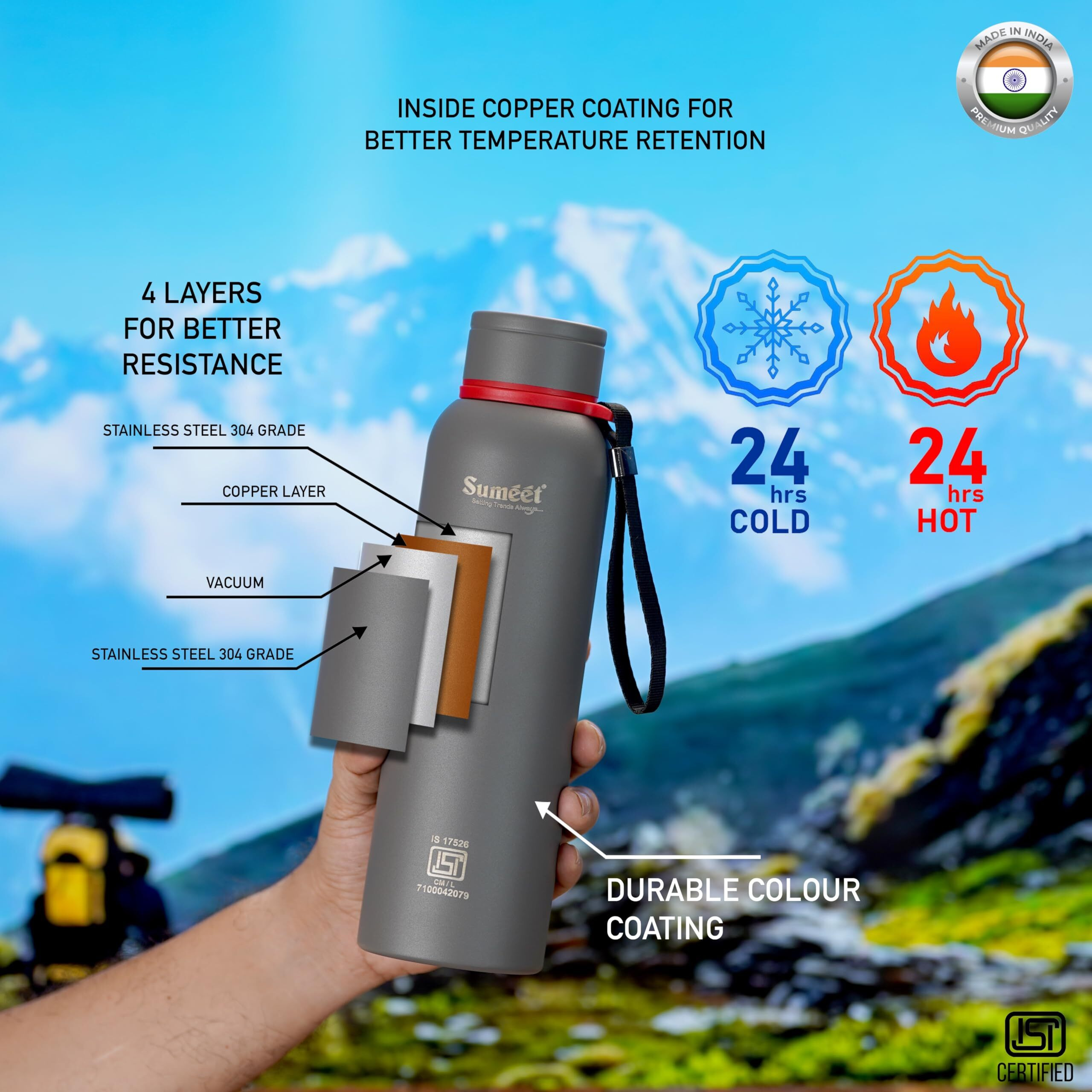 Sumeet Nero 24 Hrs Hot & Cold ISI Certified Stainless Steel Leak Proof Water Bottle for Office/School/College/Gym/Picnic/Home/Trekking -900ml, Pack of 1, Grey