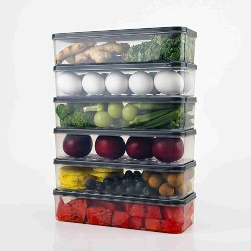 PRAFU 6 Fridge Storage Boxes Freezer Storage Containers, Container for Kitchen Storage Set, Storage in Kitchen, Vegetable Storage, Draining Crisper Refrigerator Food Box (1200 ML(Pack of 6))