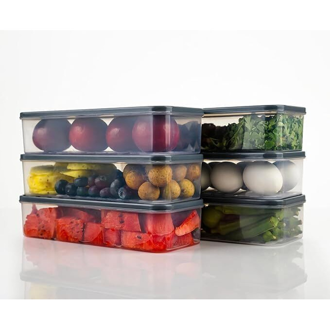 PRAFU 6 Fridge Storage Boxes Freezer Storage Containers, Container for Kitchen Storage Set, Storage in Kitchen, Vegetable Storage, Draining Crisper Refrigerator Food Box (1200 ML(Pack of 6))