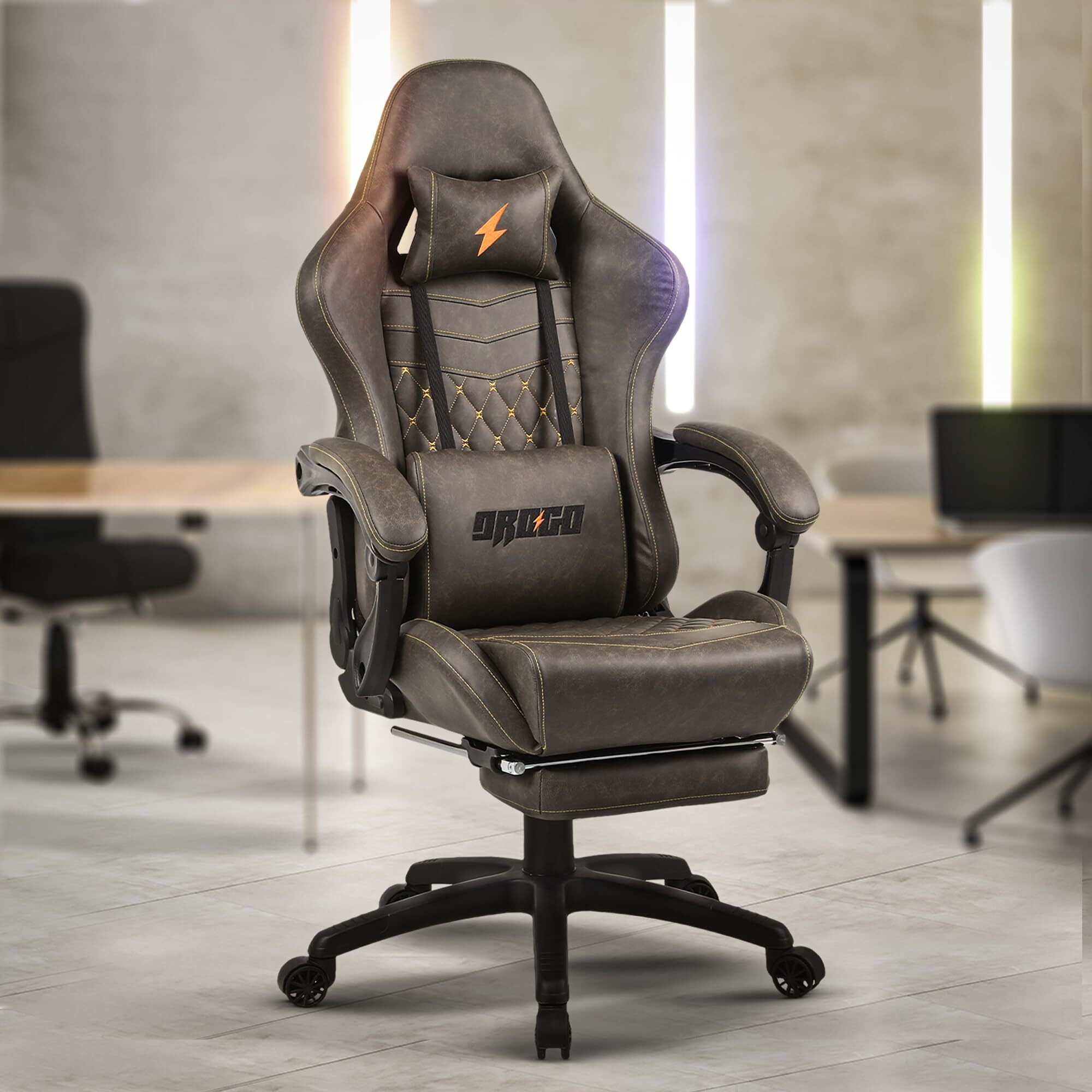 BAYBEE Drogo Multi-Purpose Ergonomic Gaming Chair with 7 Way Adjustable Seat, Head & USB Massager, PU Leather Lumbar Pillow Home & Office Chair with Full Reclining Back Footrest (Emperor Brown)