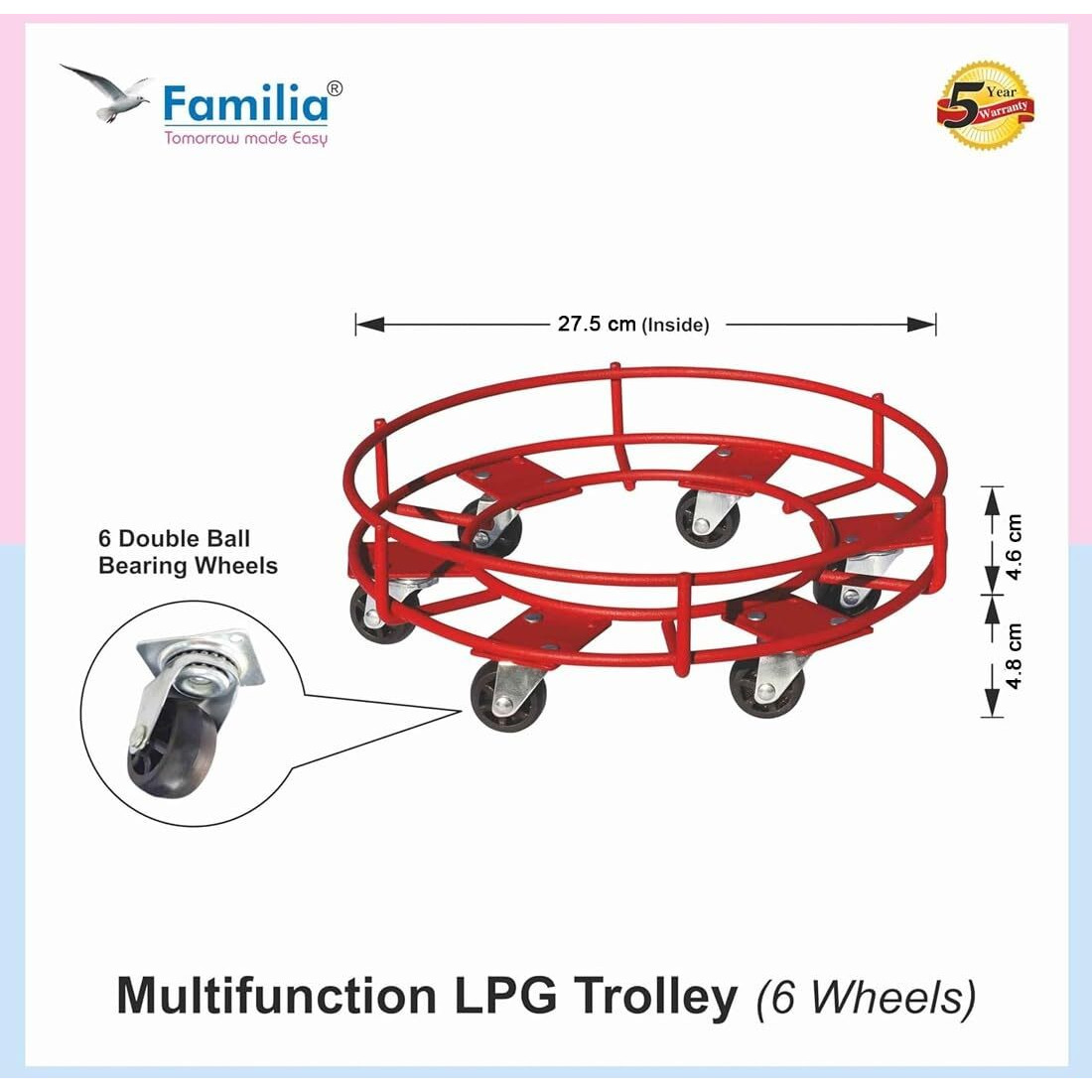 Familia Steel Cylinder Trolley with Wheels Heavy Duty | 6 Wheels Gas Trolly - Lpg Cylinder Stand, Kitchen Gas Trolly (Red,1.25 kg) (Pack of 2)