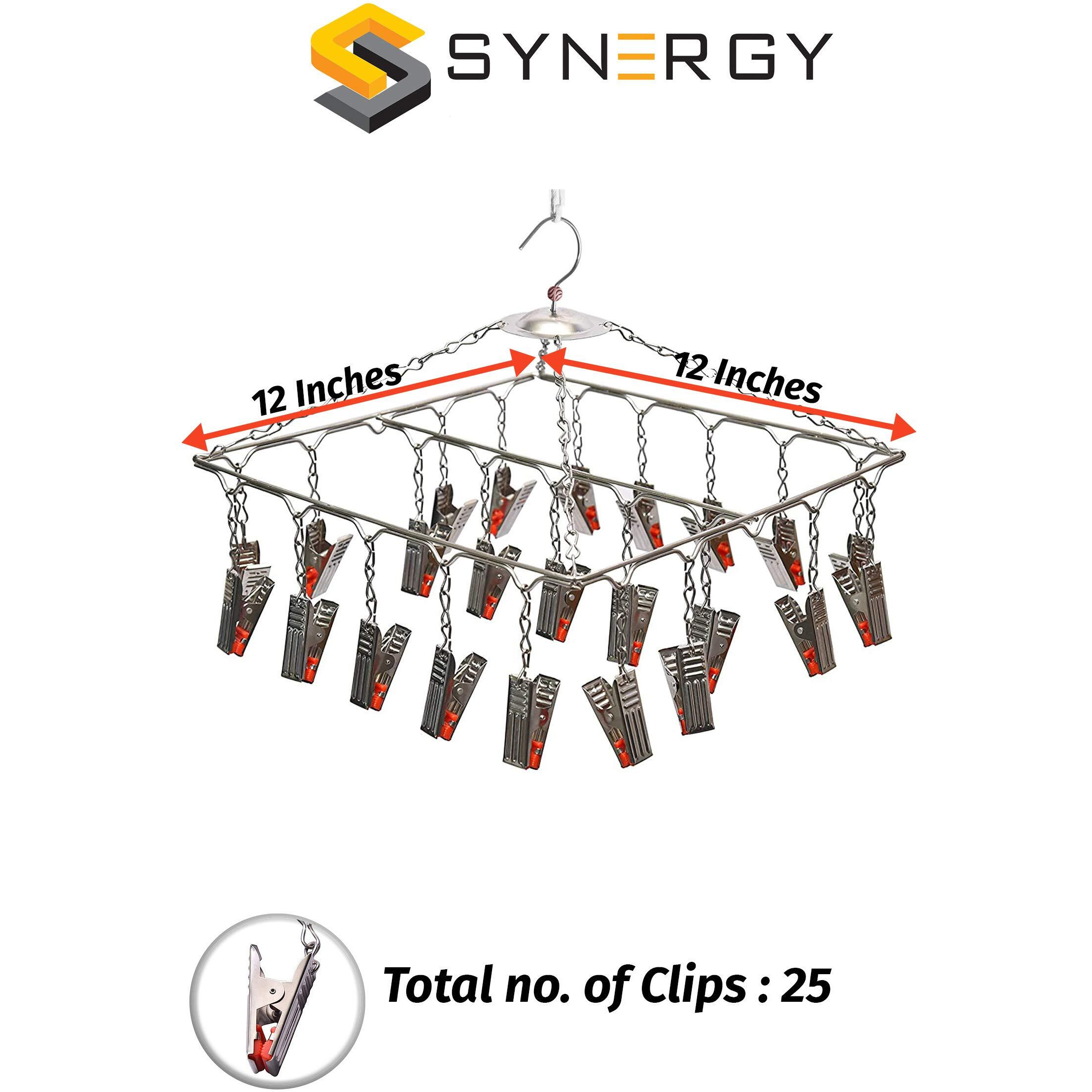 Synergy 25 Clips Stainless Steel Heavy Duty Square Cloth Hanger/Clothes Stand for Drying/Clothes Drying Stand/Hanger with Clips/Baby Clothes Dryer/Undergarments Hanger (SY-CS13)