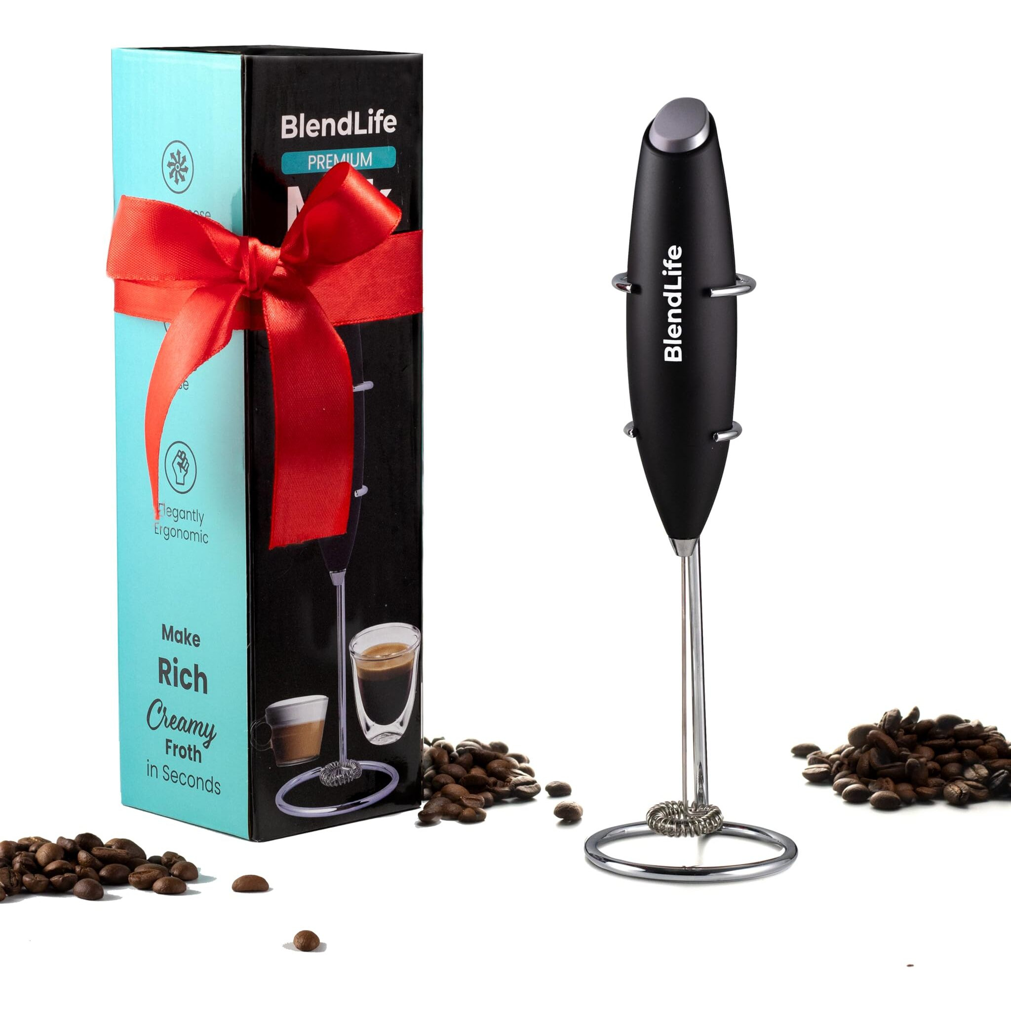 BlendLife Handheld Milk Frother - Battery-Operated Stainless Steel Mixer with Stand - Perfect for Milk, Coffee, Lattes, Cappuccino, Frappe, Matcha, Hot Chocolate, Egg Beaters - 1-Year Warranty, Black