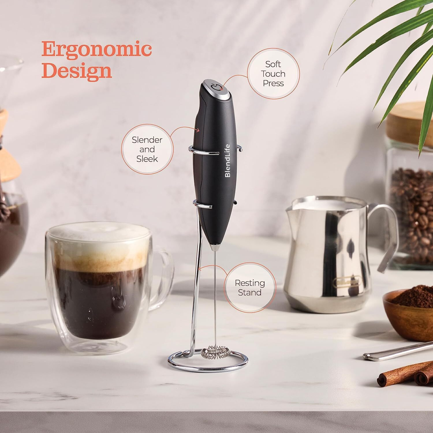 BlendLife Handheld Milk Frother - Battery-Operated Stainless Steel Mixer with Stand - Perfect for Milk, Coffee, Lattes, Cappuccino, Frappe, Matcha, Hot Chocolate, Egg Beaters - 1-Year Warranty, Black