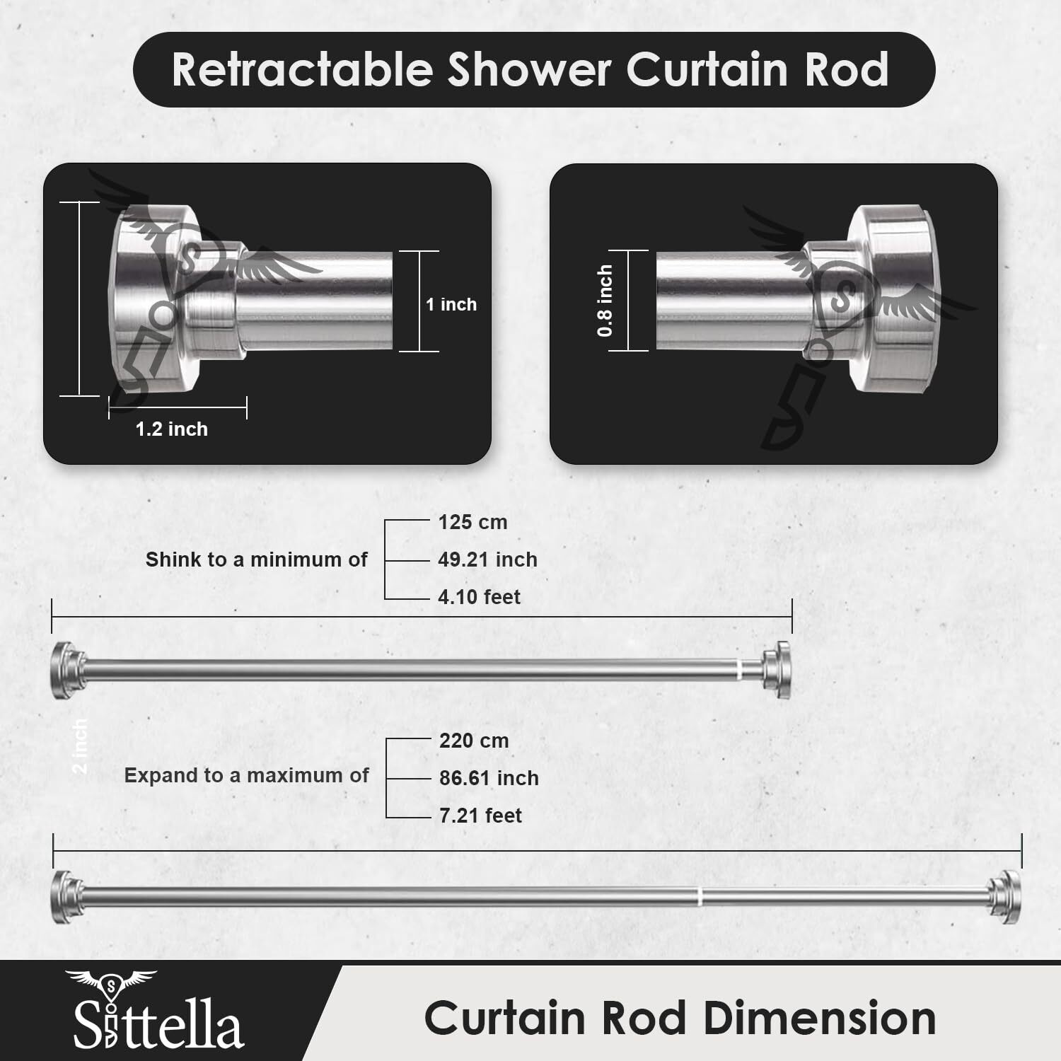 Sittella (125Cm To 220Cm) Extendable Shower Curtain Tension Rod Non-Drilling Anti-Skid Spring Pull Rod - Stainless Steel, Silver