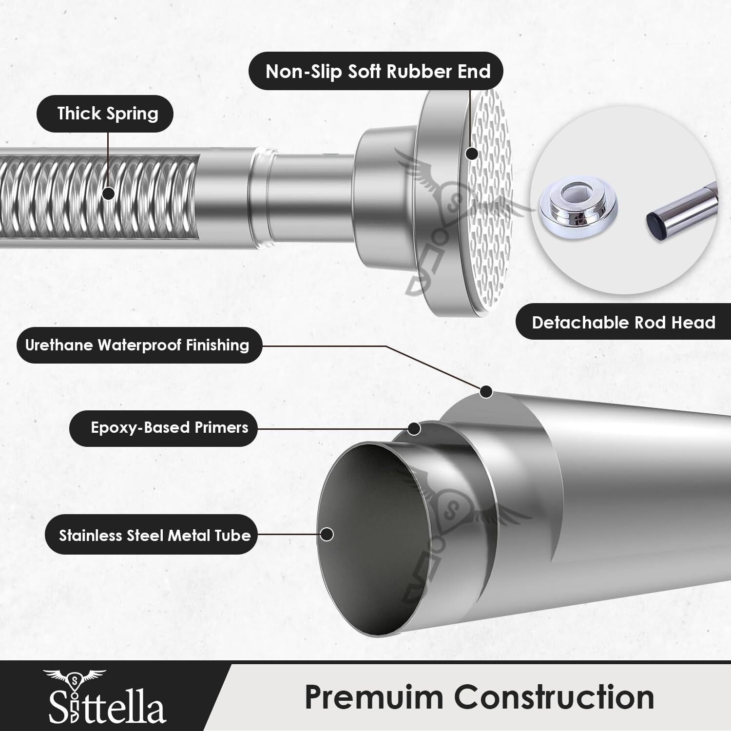 Sittella (125Cm To 220Cm) Extendable Shower Curtain Tension Rod Non-Drilling Anti-Skid Spring Pull Rod - Stainless Steel, Silver