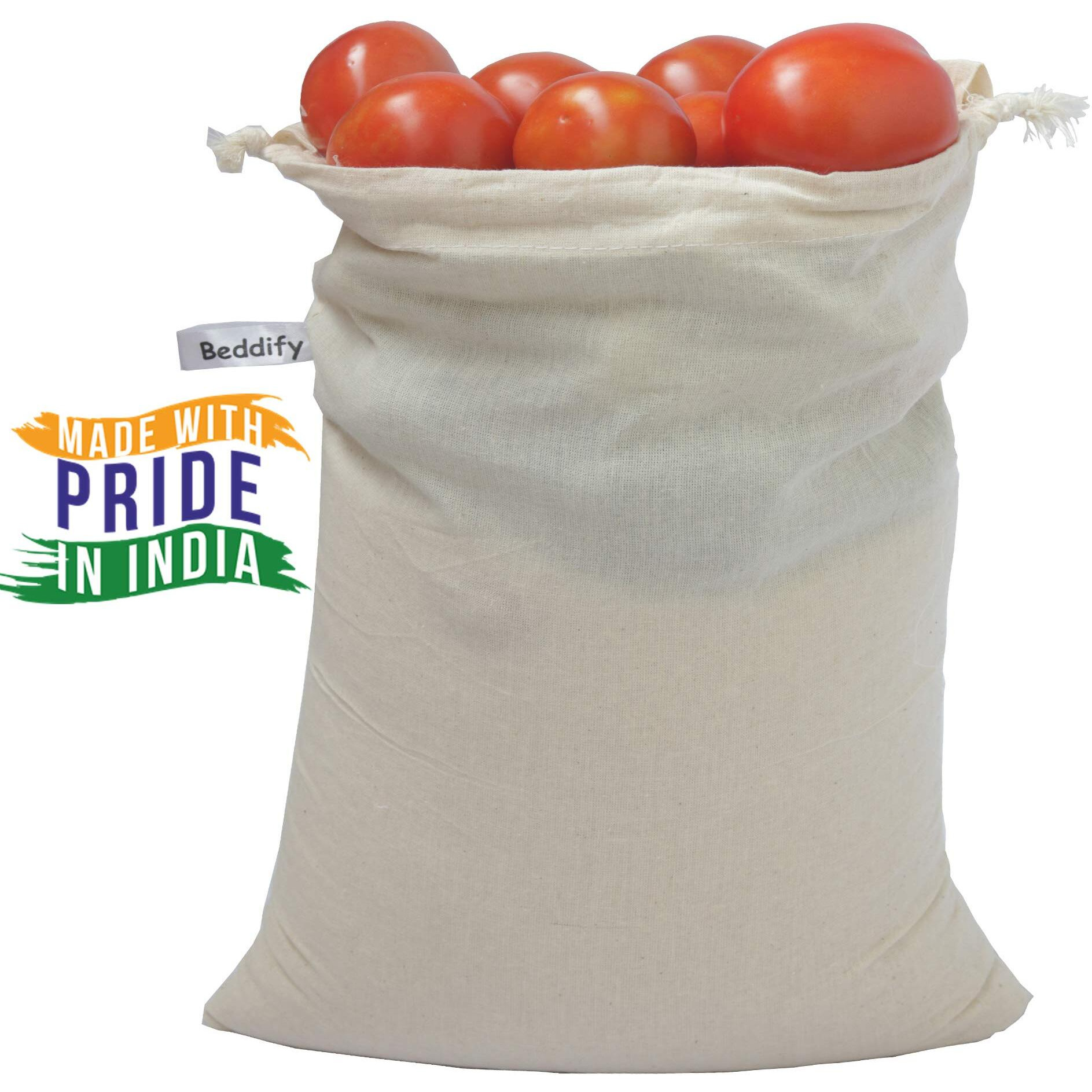 Beddify 100% Cotton Set of 12 Reusable Fridge Storage Bags for Vegetables and Fruits (4 Small, 4 Medium & 4 Large Size Bag)