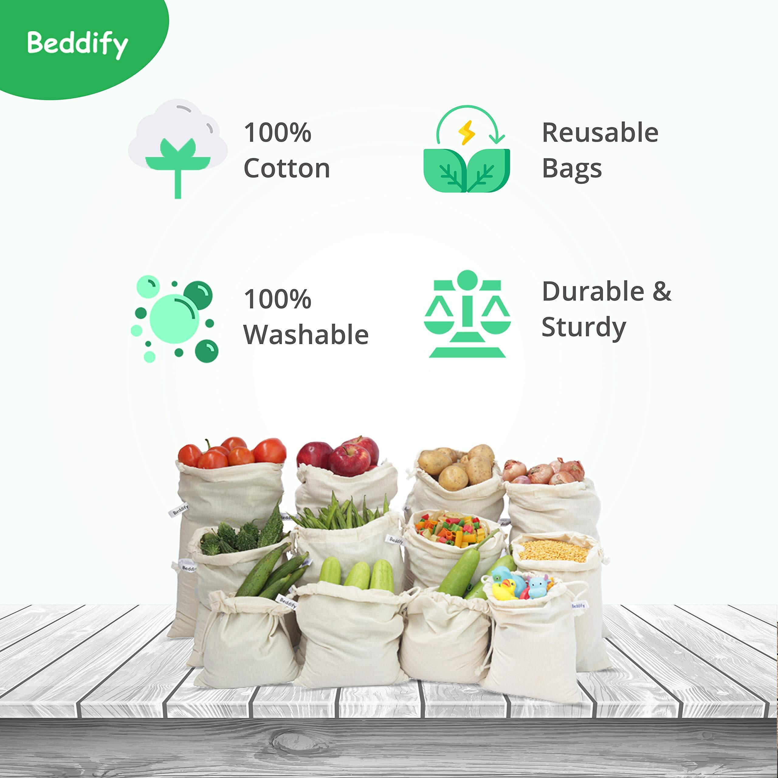 Beddify 100% Cotton Set of 12 Reusable Fridge Storage Bags for Vegetables and Fruits (4 Small, 4 Medium & 4 Large Size Bag)