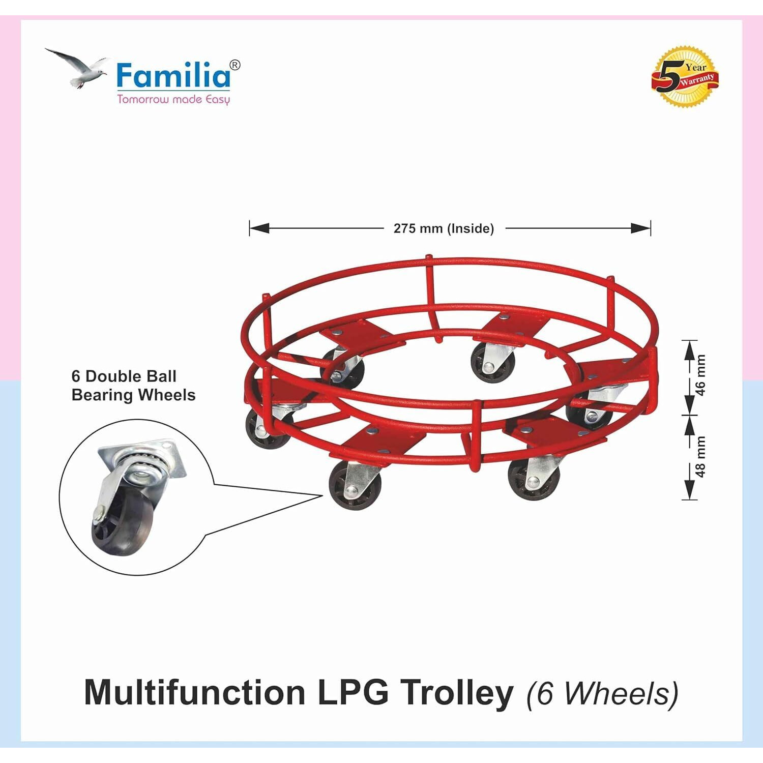 Familia Steel Cylinder Trolley with Wheels Heavy Duty | 6 Wheels Gas Trolly - Lpg Cylinder Stand, Kitchen Gas Trolly (Red,1.25 kg) (Pack of 1)