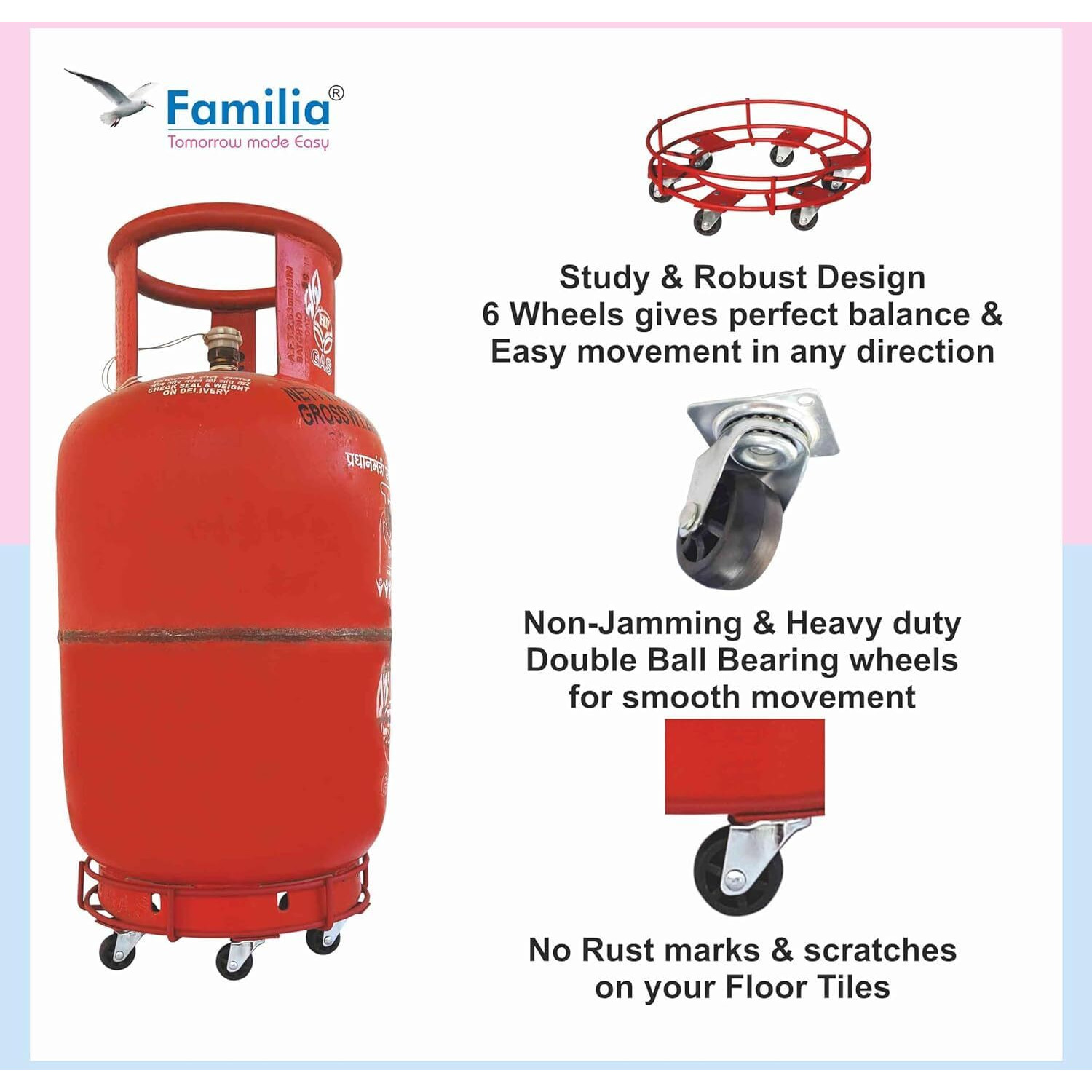 Familia Steel Cylinder Trolley with Wheels Heavy Duty | 6 Wheels Gas Trolly - Lpg Cylinder Stand, Kitchen Gas Trolly (Red,1.25 kg) (Pack of 1)