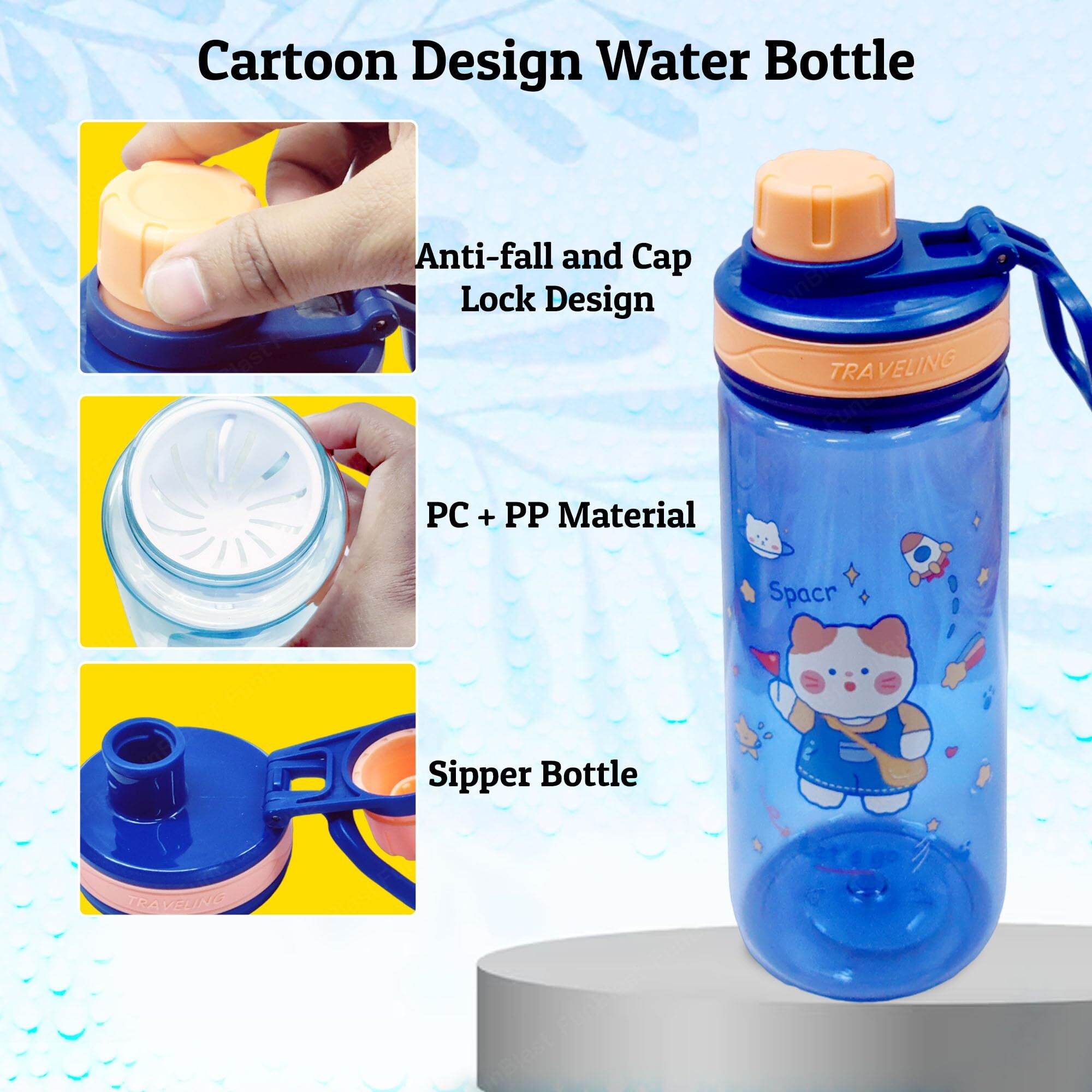 FunBlast Cartoon Water Bottle for Kids, Boys, Girls 550 ml BPA Free, Anti-Leak (550 Milliliters) - Polypropylene & Polycarbonate (Multicolor)