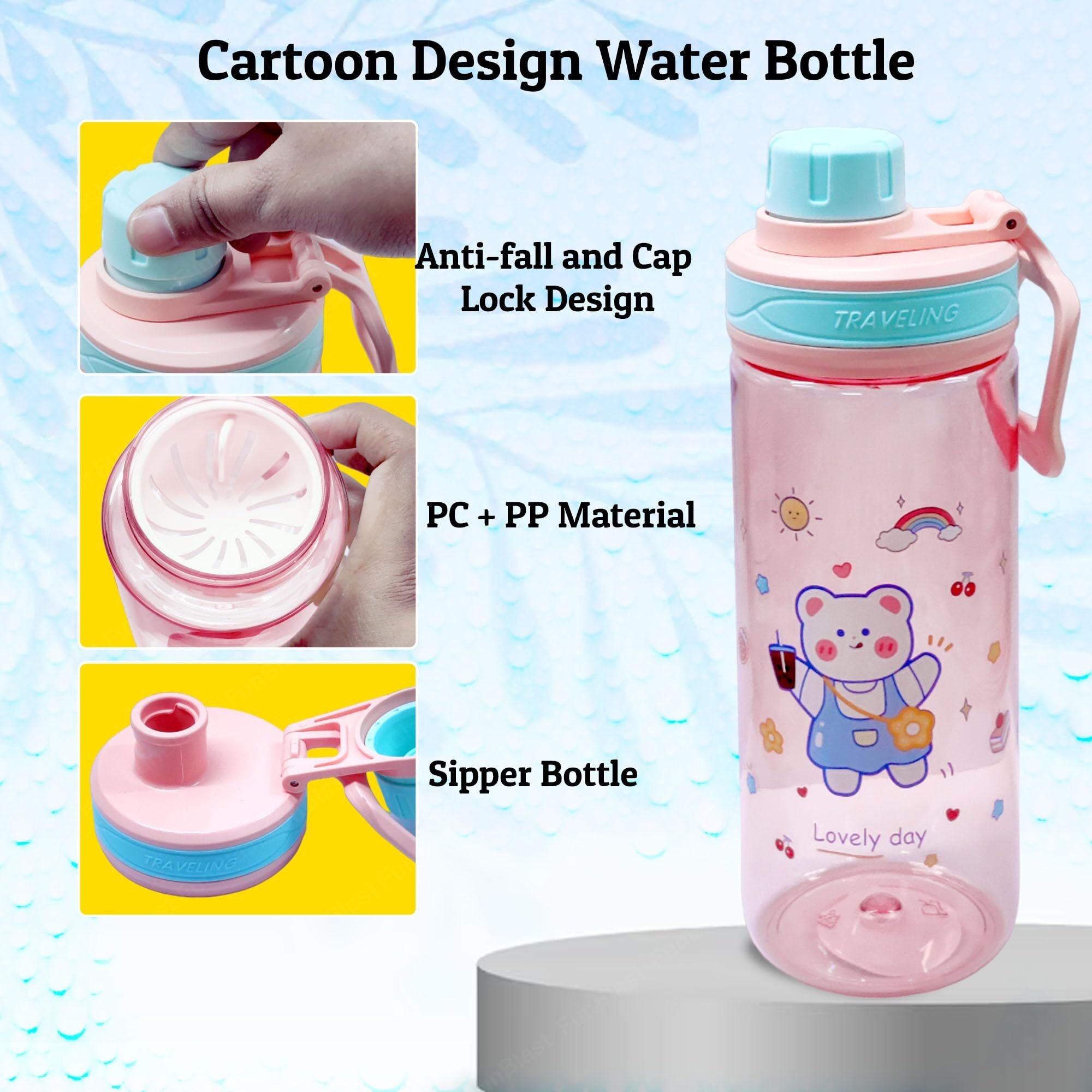 FunBlast Cartoon Water Bottle for Kids, 550 ml BPA Free, Anti-Leak for Boys/Girls (550 Milliliters) - Polypropylene & Polycarbonate (Multicolor)