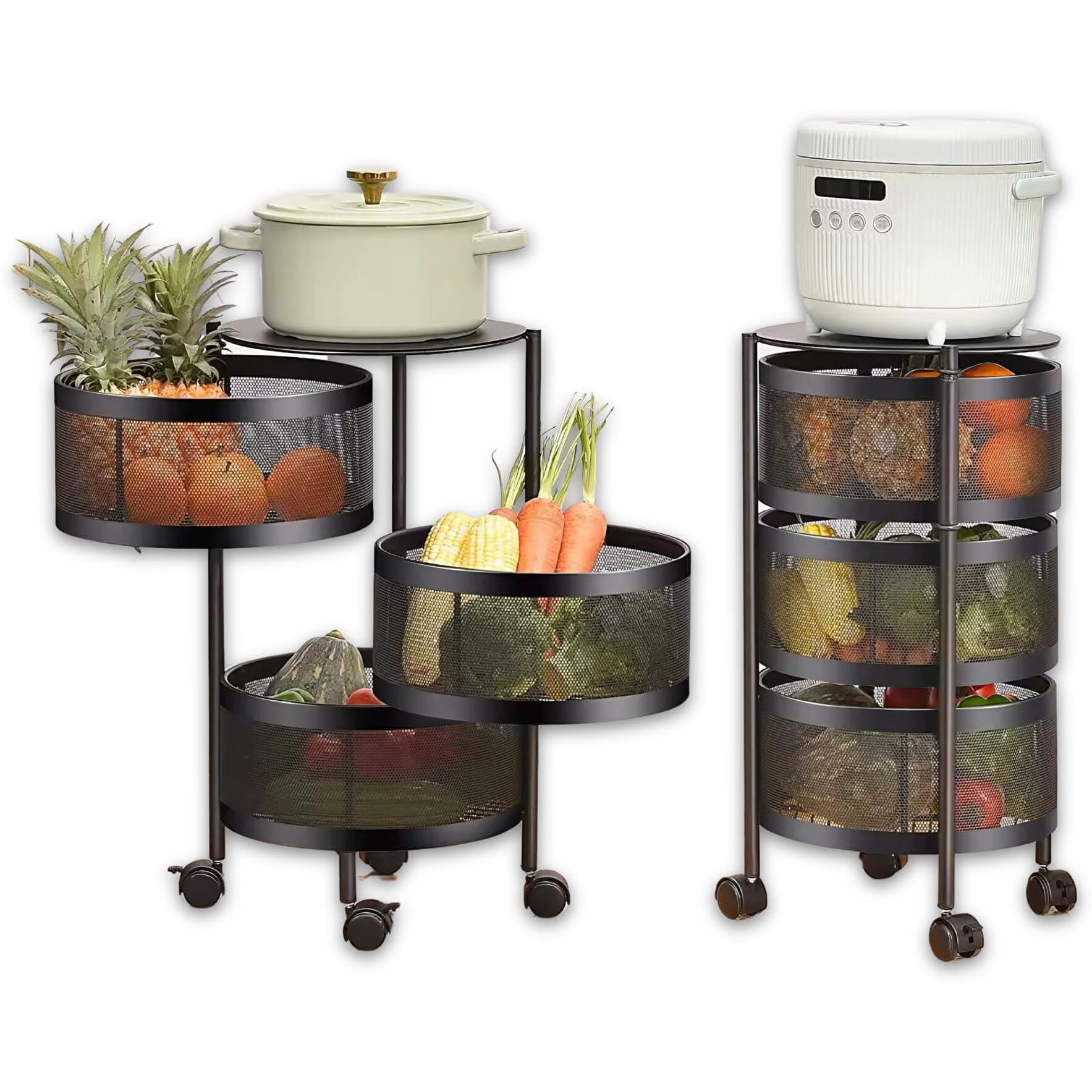 KWER Metal 1Pc 3 Layer Kitchen Rotating Trolley Portable Storage Rack Round Design Fruits&Vegetable Onion,Spice,Jars Container Basket Organizer Holder Stand Kitchen-Black (3 Layer Round Black)