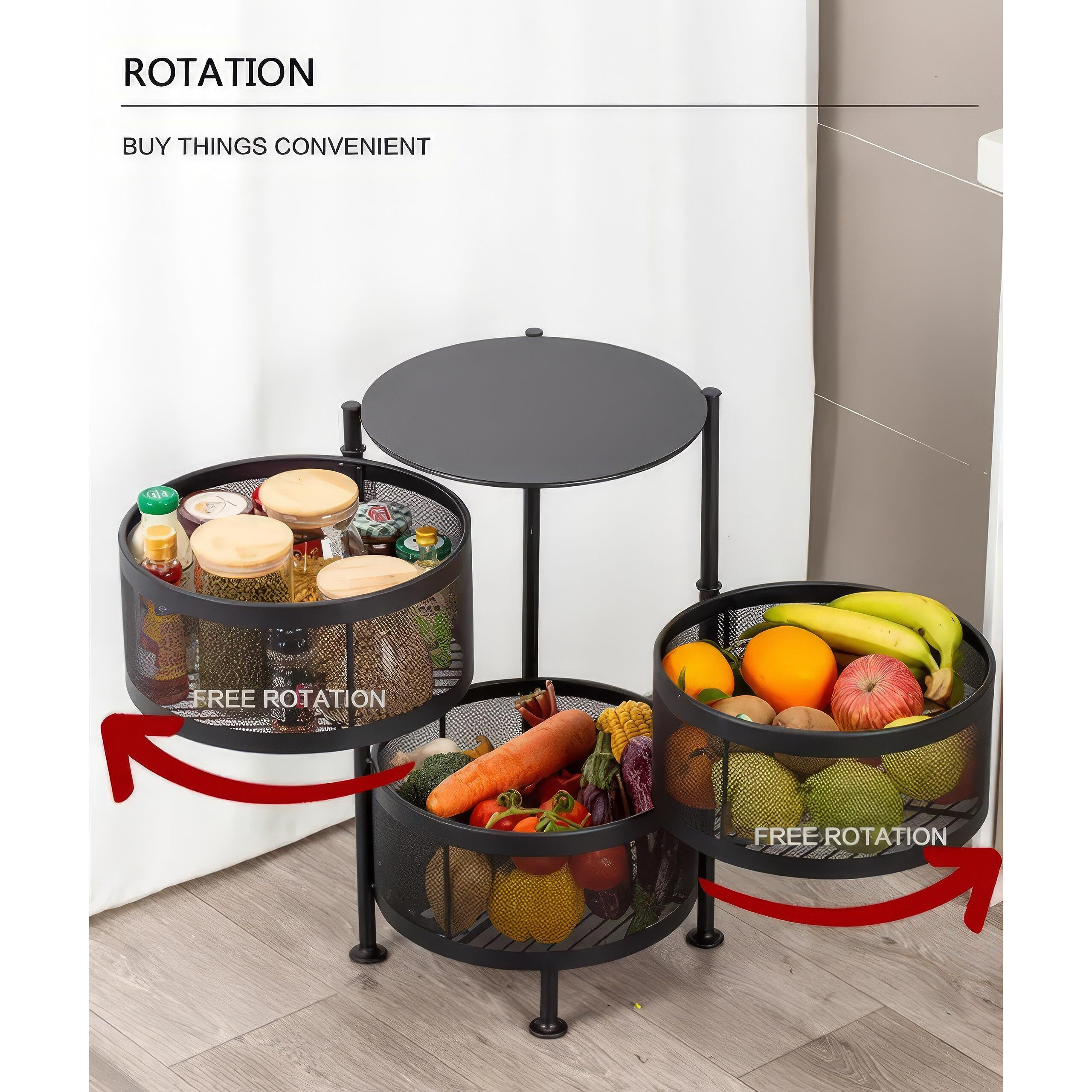 KWER Metal 1Pc 3 Layer Kitchen Rotating Trolley Portable Storage Rack Round Design Fruits&Vegetable Onion,Spice,Jars Container Basket Organizer Holder Stand Kitchen-Black (3 Layer Round Black)