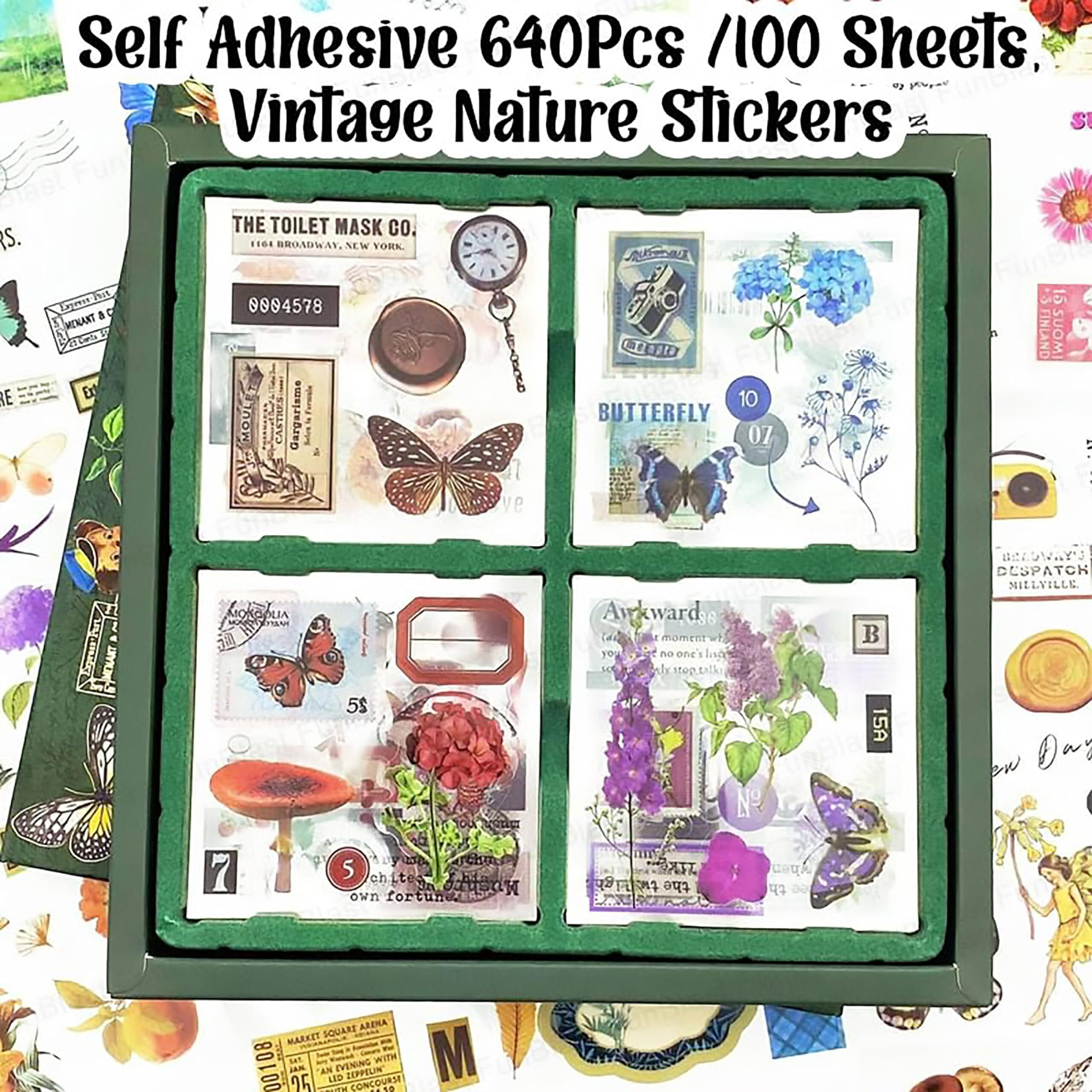 FunBlast Self Adhesive 640Pcs /100 Sheets, Vintage Nature Stickers, Retro Decorative Stickers for Scrapbook, Stickers for Project, Japanese Style Sticker Set, Journals, Scrapbooking (Multicolor)